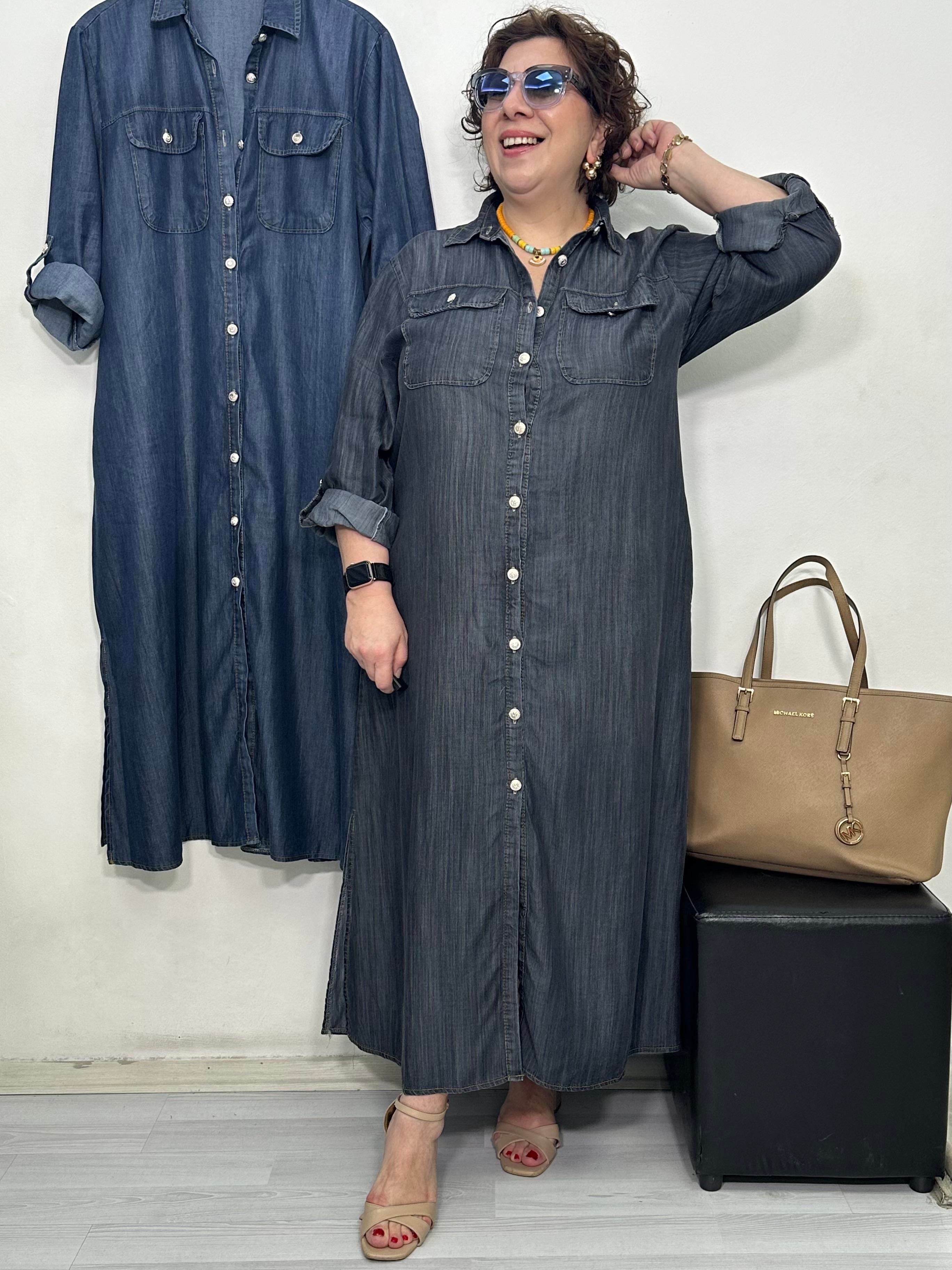 Rocco Tencel Denim Gömlek Elbise Antrasit