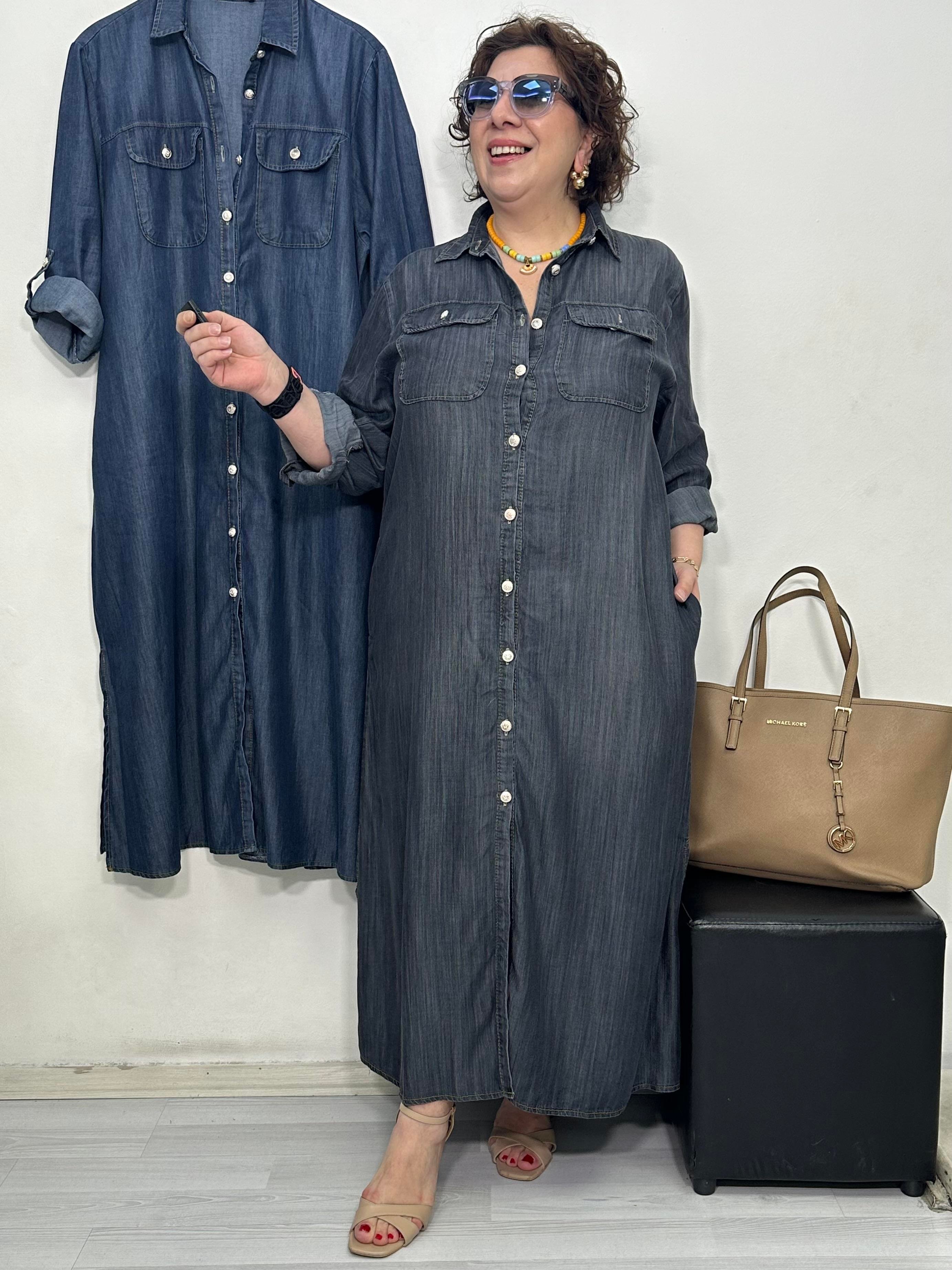 Rocco Tencel Denim Gömlek Elbise Antrasit