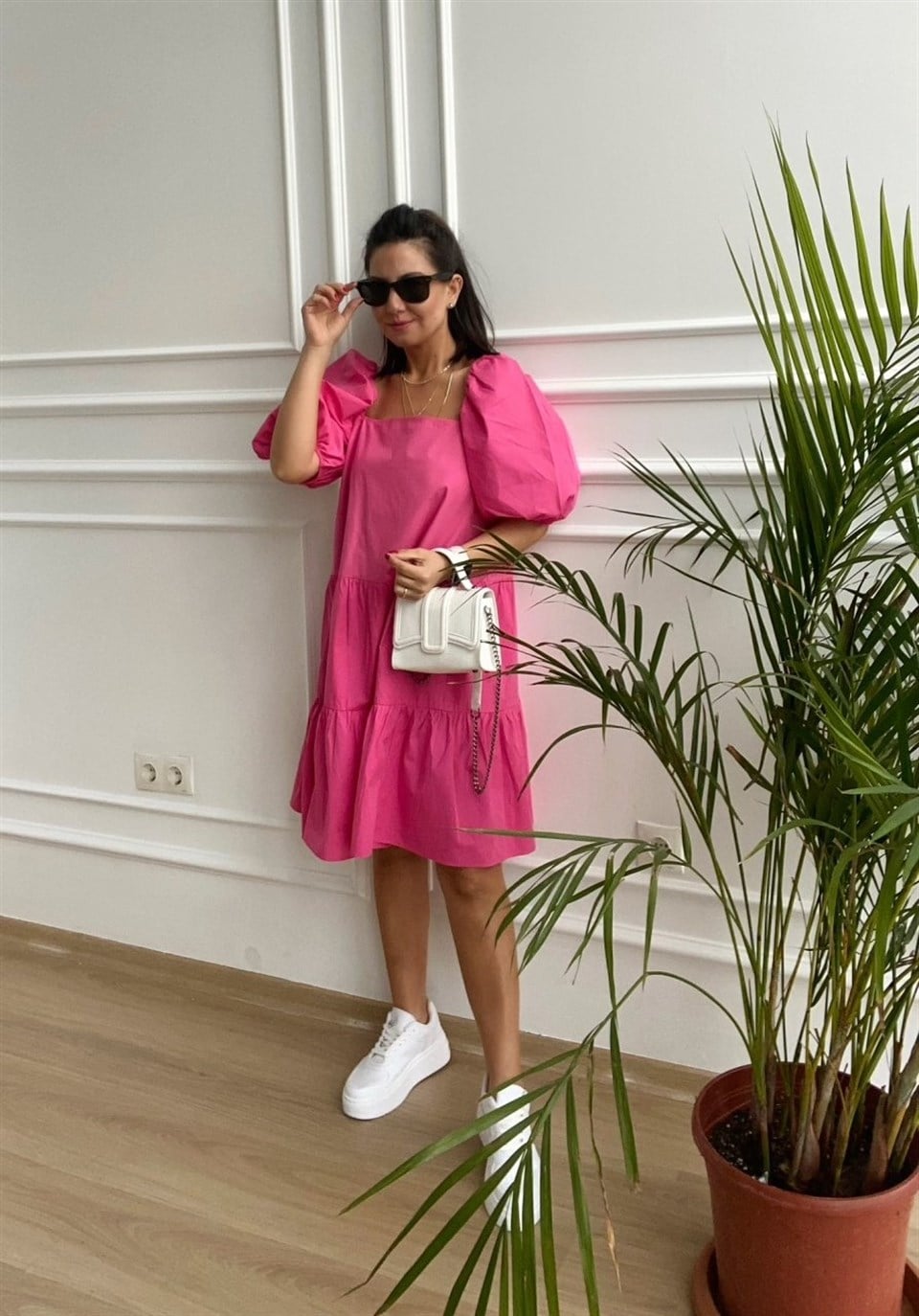 Balon Kol Pembe Poplin Elbise