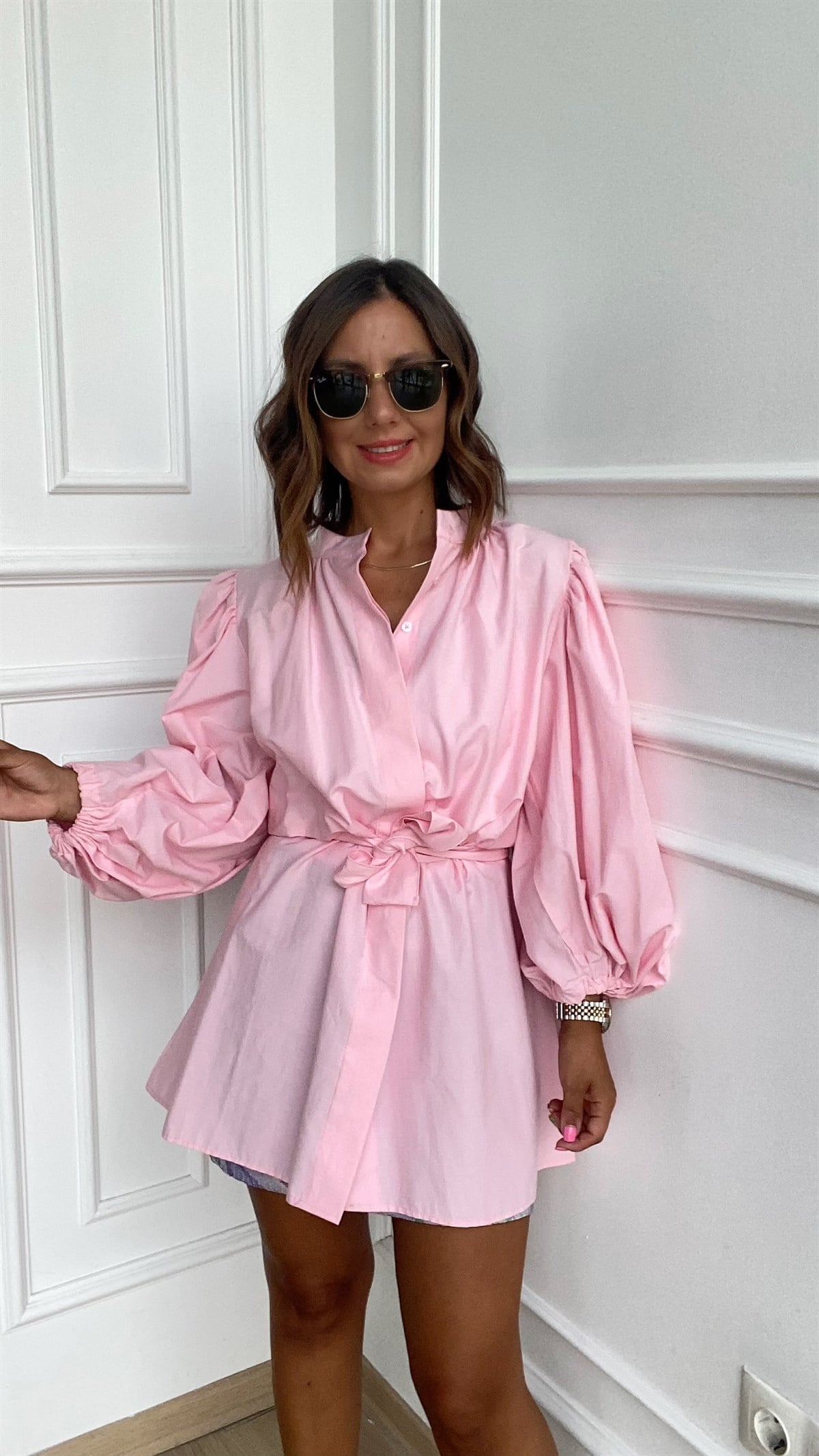 Balon Kol Pembe Poplin Tunik