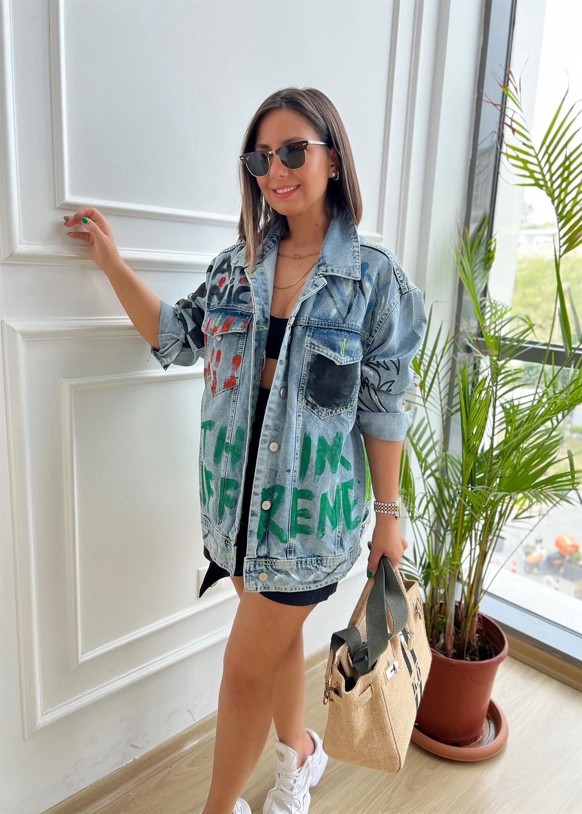 Baskılı Oversize Kot Ceket
