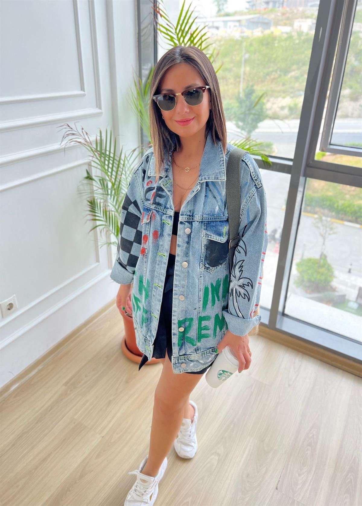 Baskılı Oversize Kot Ceket