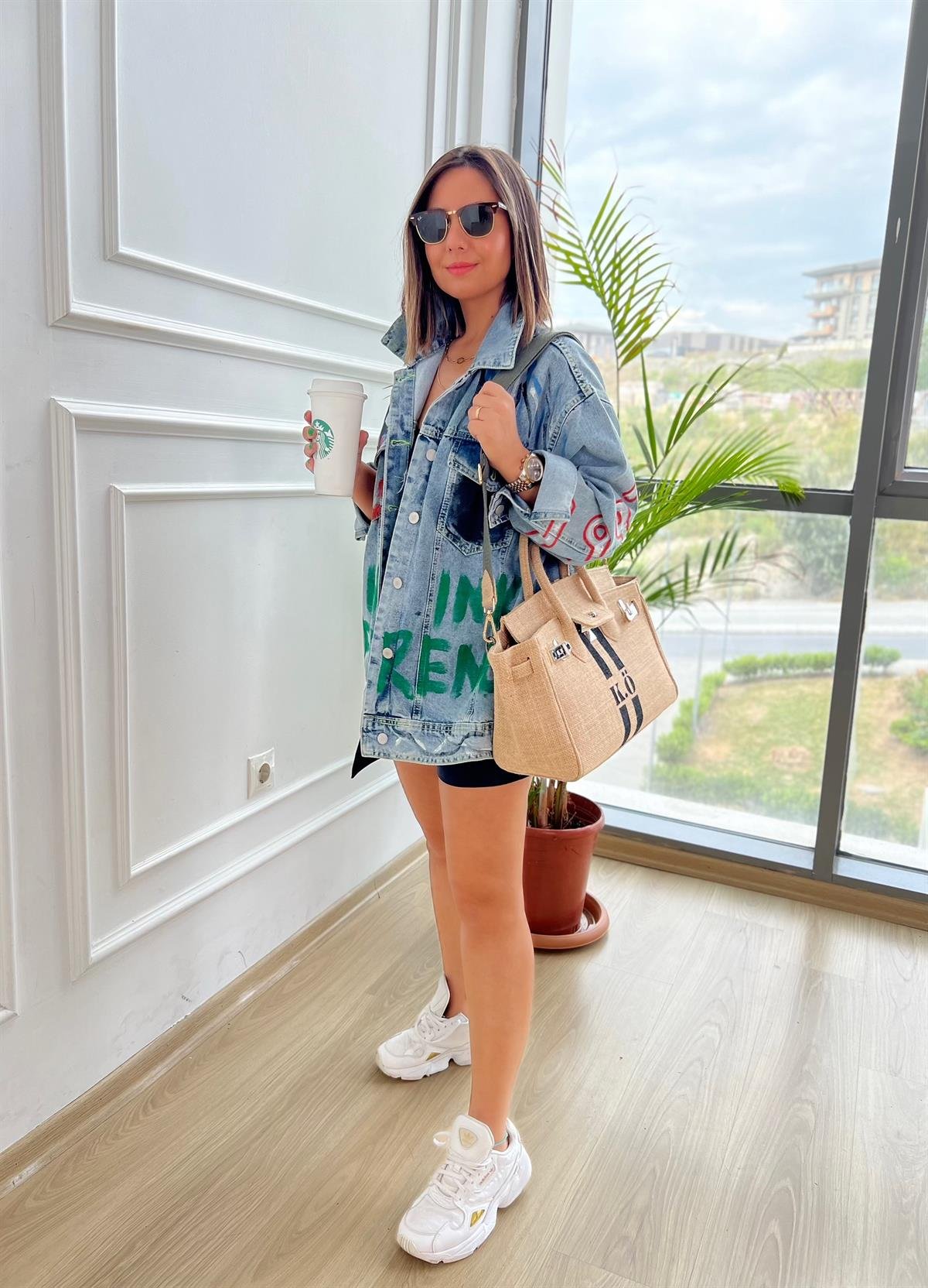 Baskılı Oversize Kot Ceket
