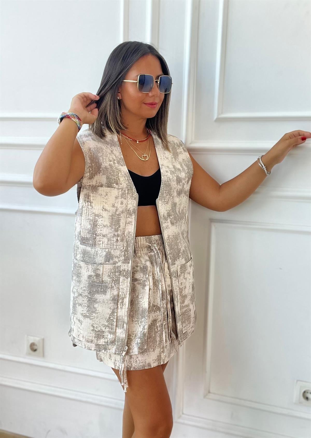 Batik Desen Fermuarlı Bohem Yelek