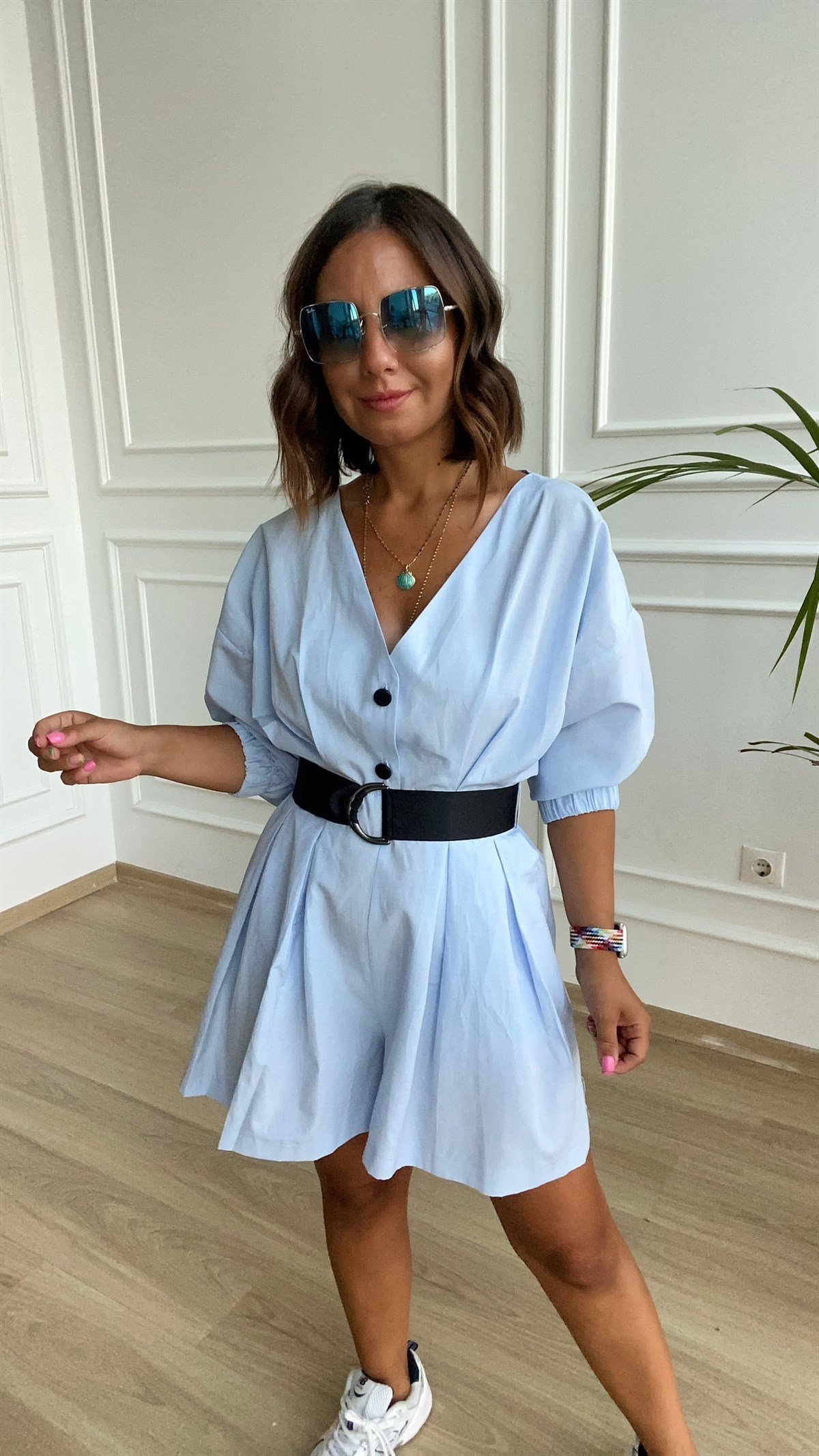 Bebe Mavisi Beli Kemerli Sort Tulum
