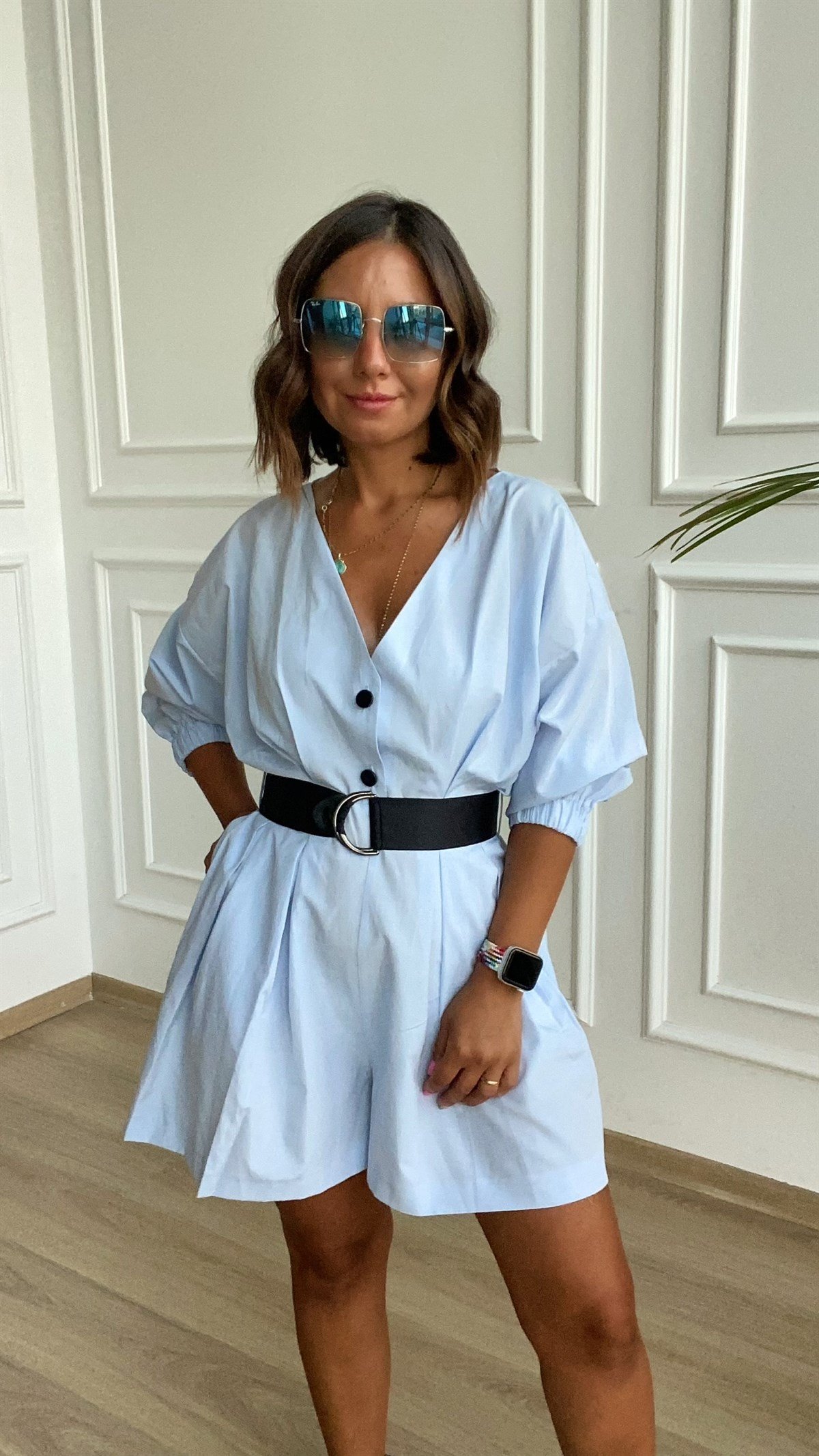 Bebe Mavisi Beli Kemerli Sort Tulum
