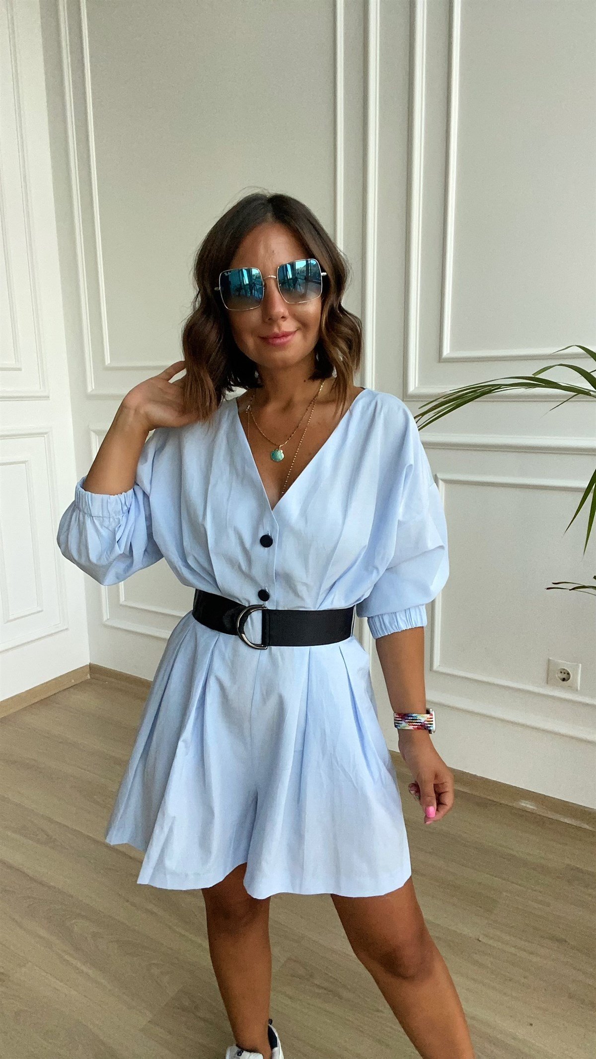 Bebe Mavisi Beli Kemerli Sort Tulum