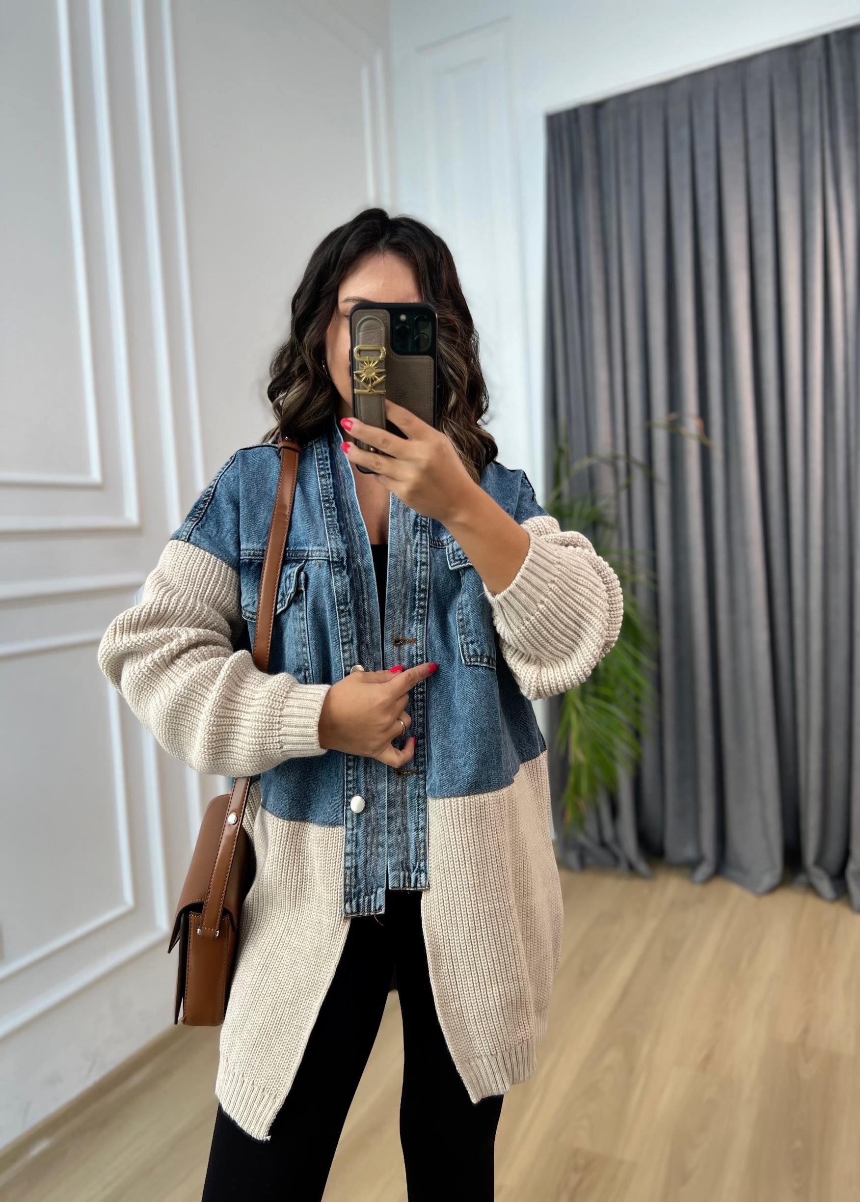 Bej Denim Garnili Triko Hırka