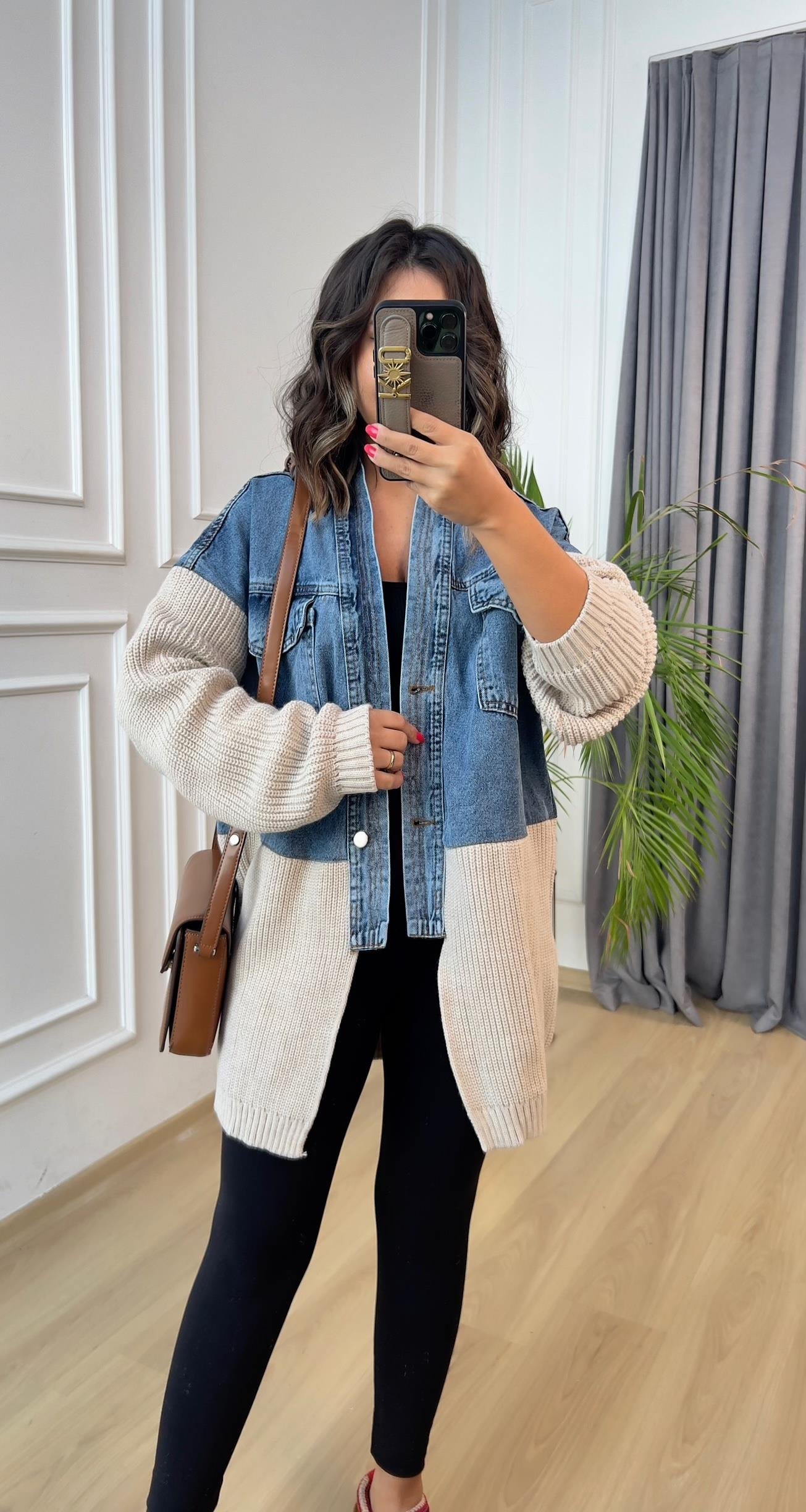 Bej Denim Garnili Triko Hırka