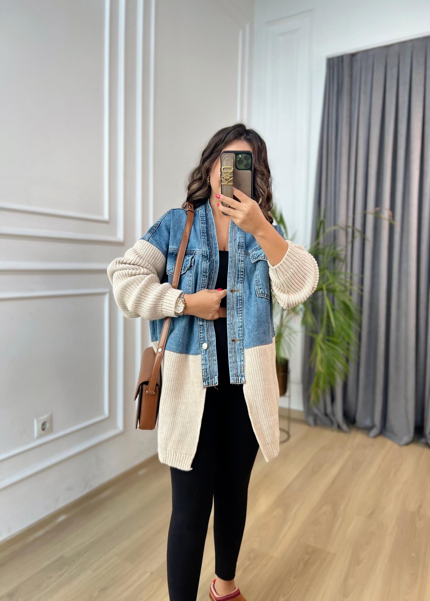 Bej Denim Garnili Triko Hırka