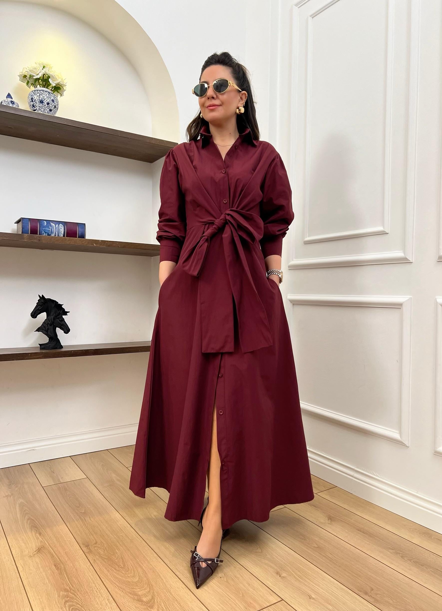 Belden Bağlamalı Bordo Gömlek Elbise
