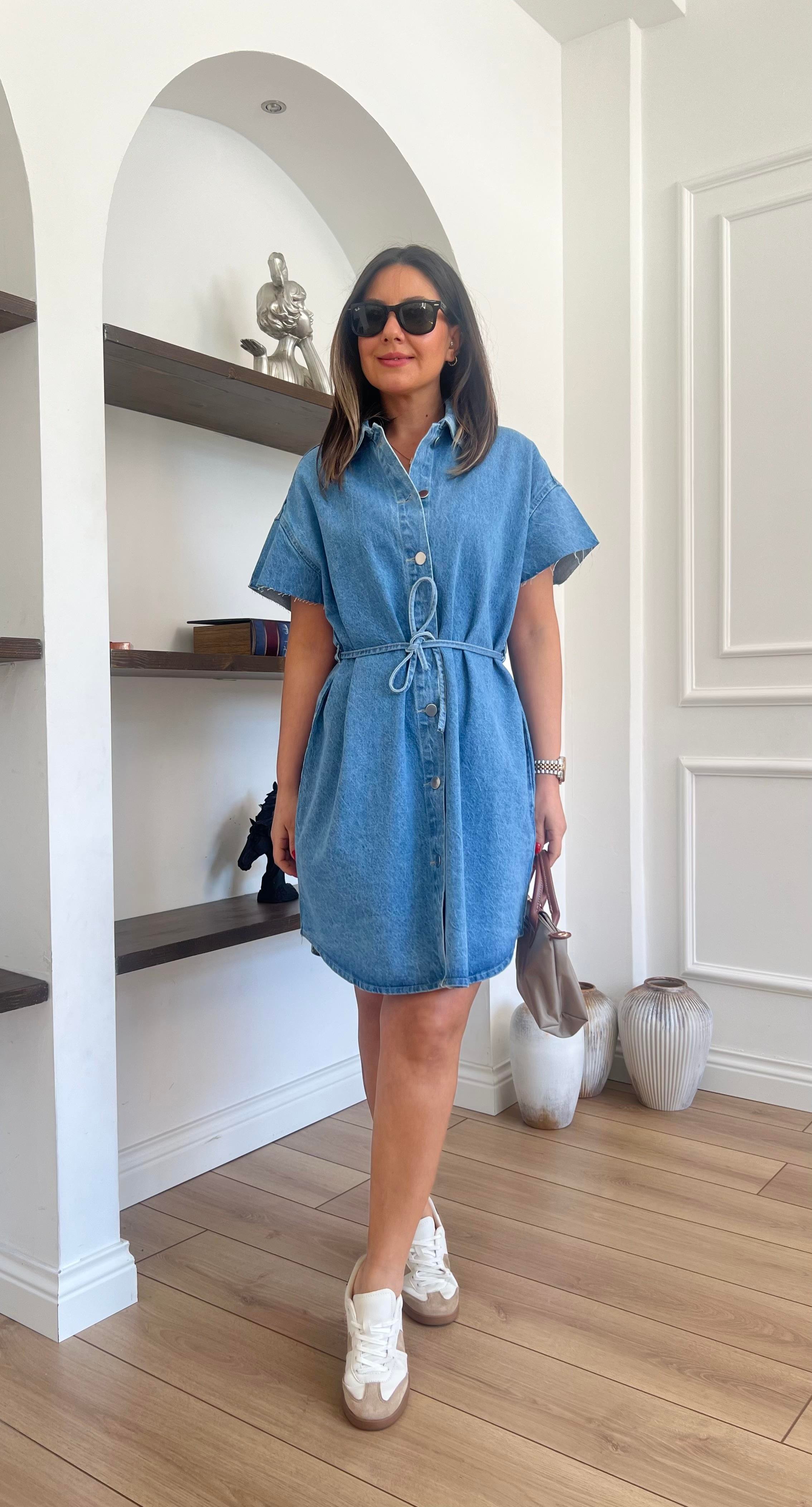 Beli İp Detaylı Denim Elbise