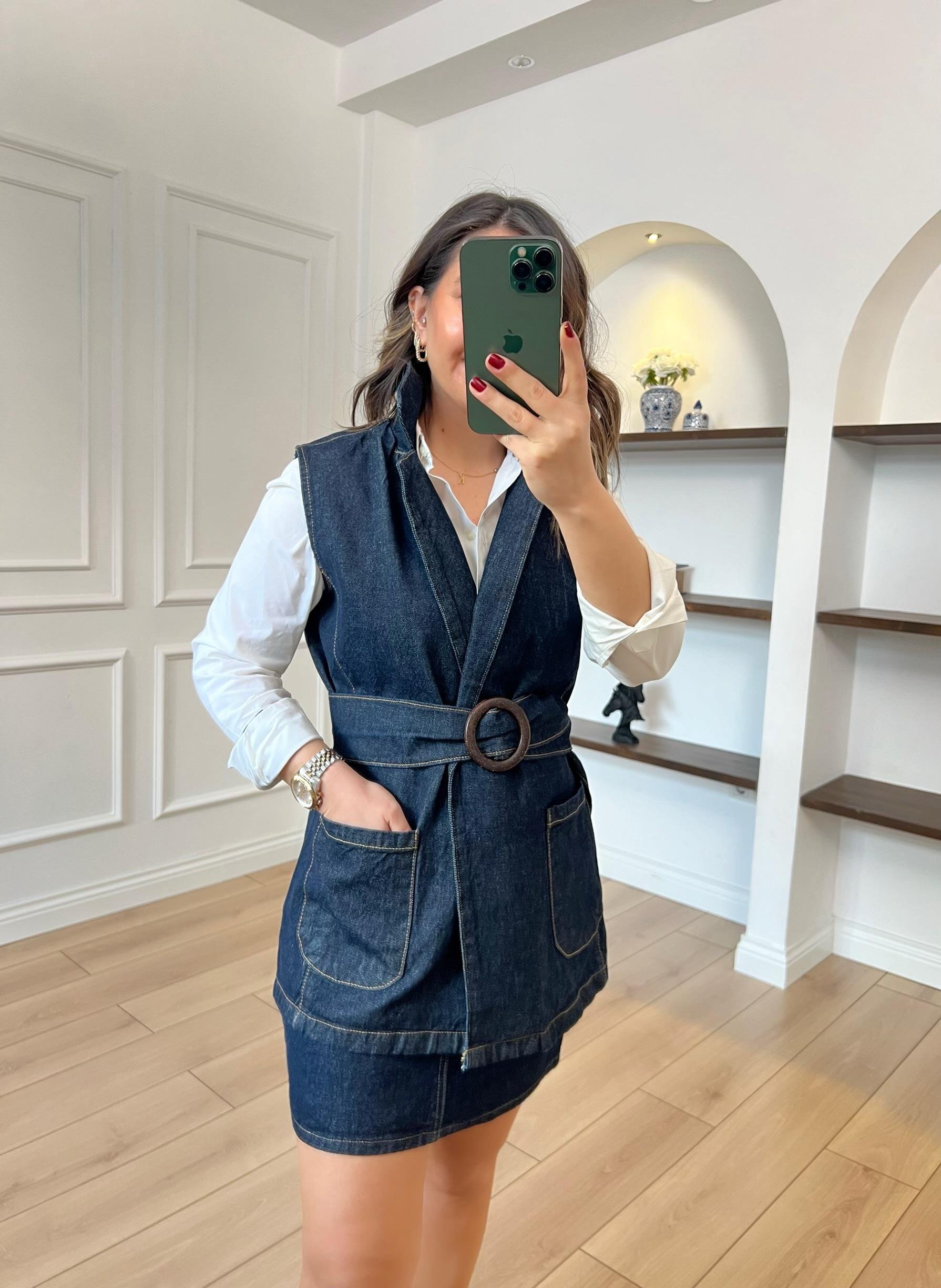 Beli Kuşaklı Denim Yelek