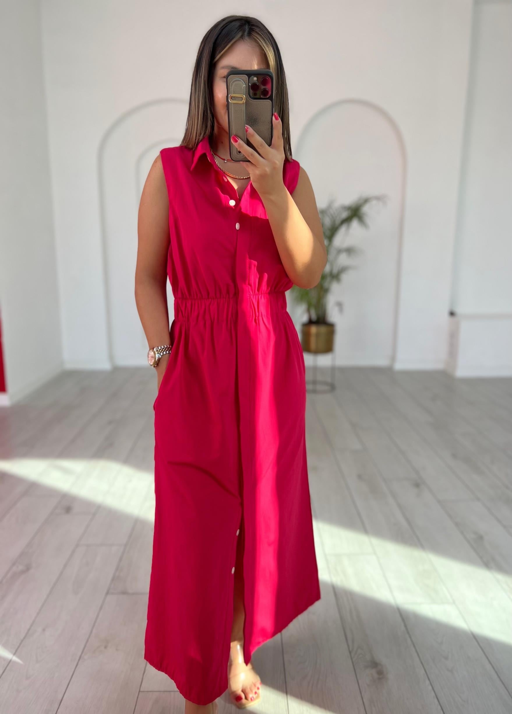 Beli Lastikli Fuşya Poplin Elbise 