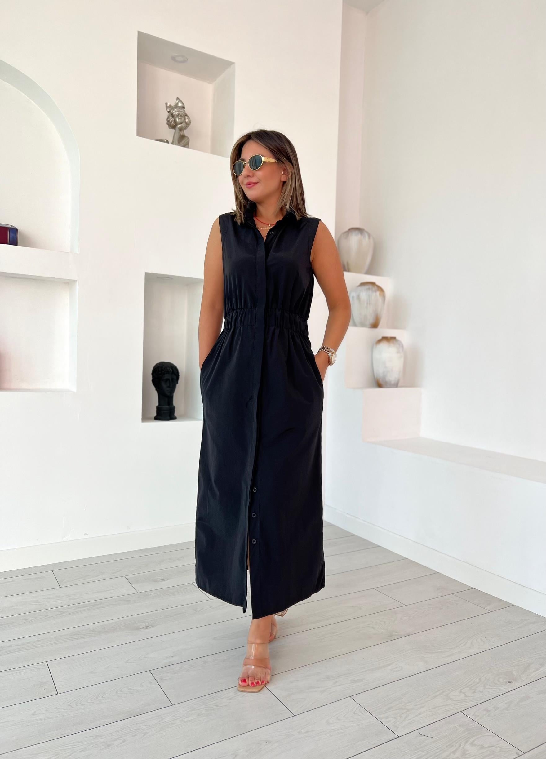 Beli Lastikli Siyah Poplin Elbise 