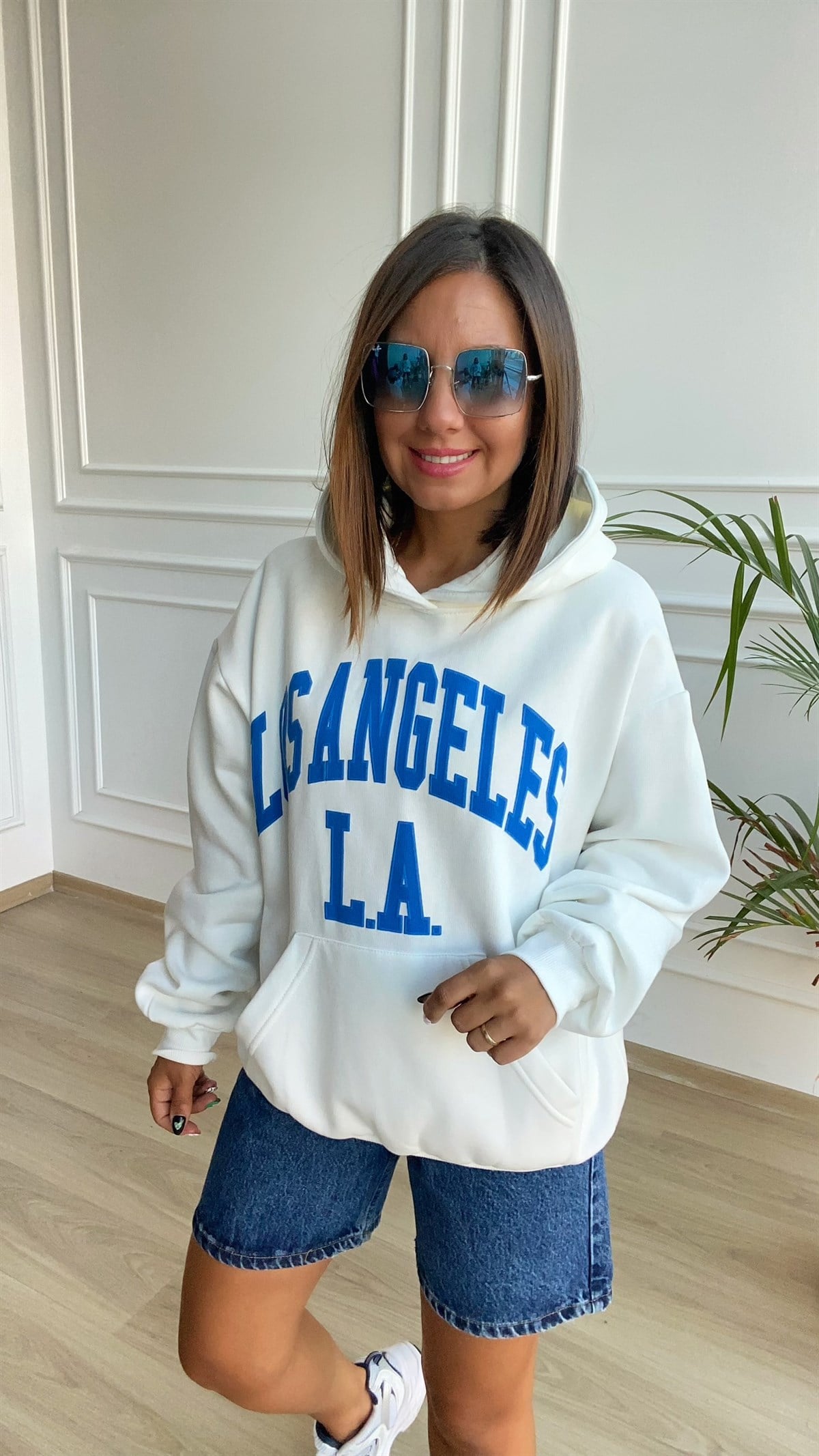 Beyaz Los Angeles İşlemeli Kapşonlu  Sweat