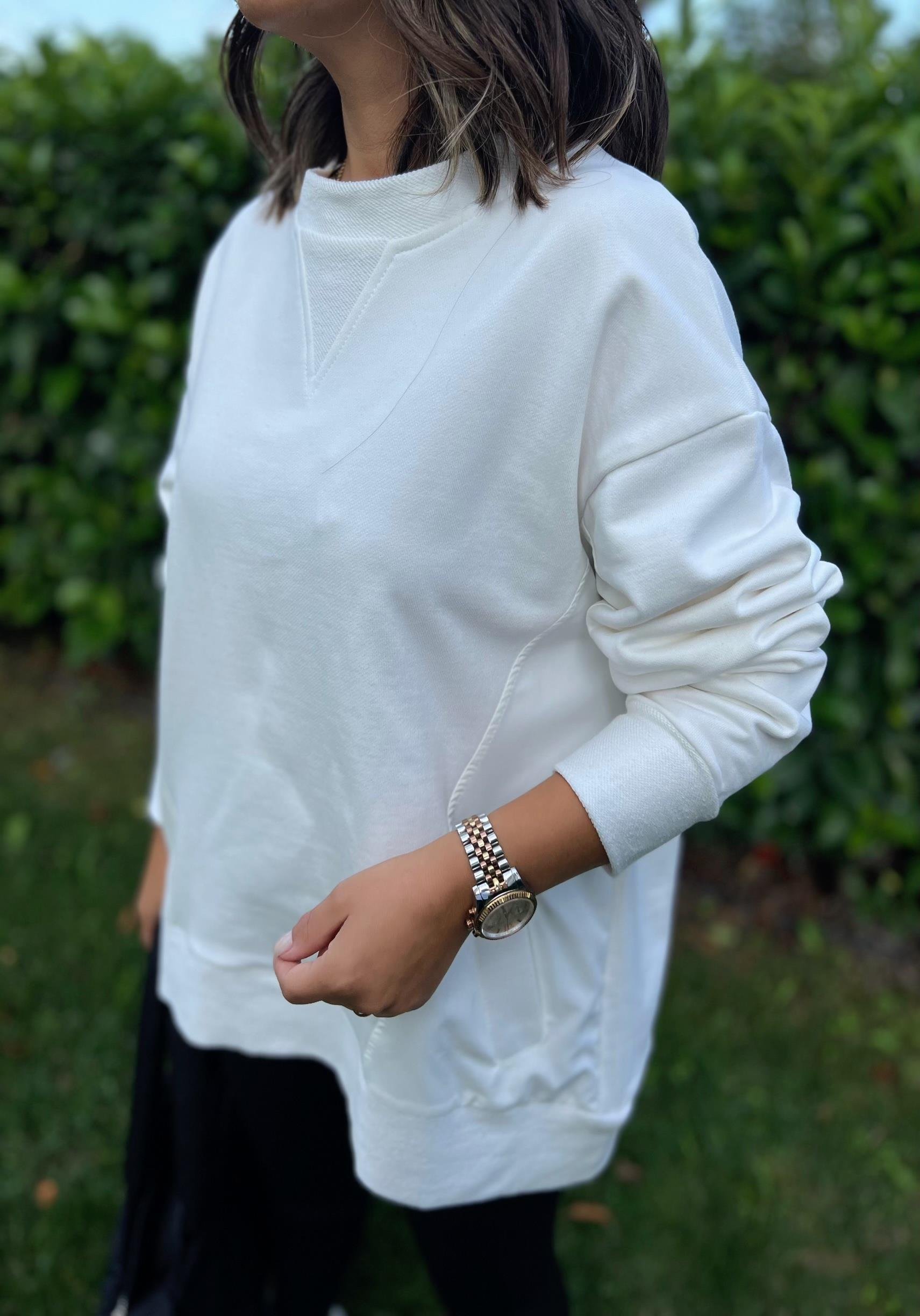 Beyaz Yanları Cepli Sweatshirt