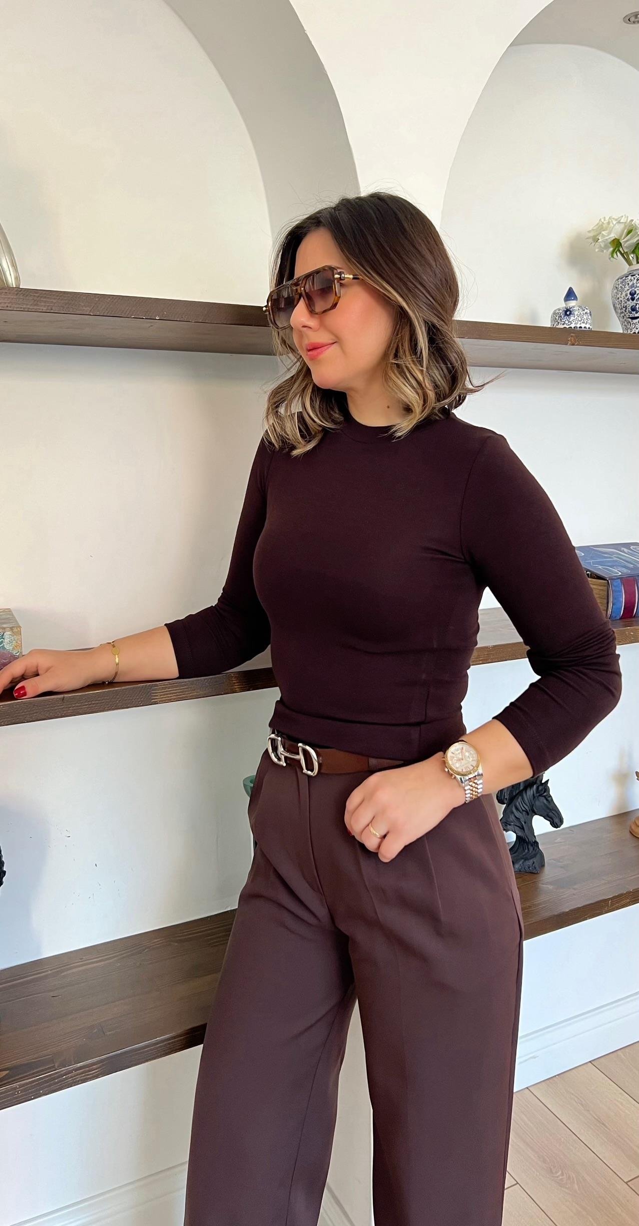 Bisiklet Yaka Kahverengi Basic Bluz