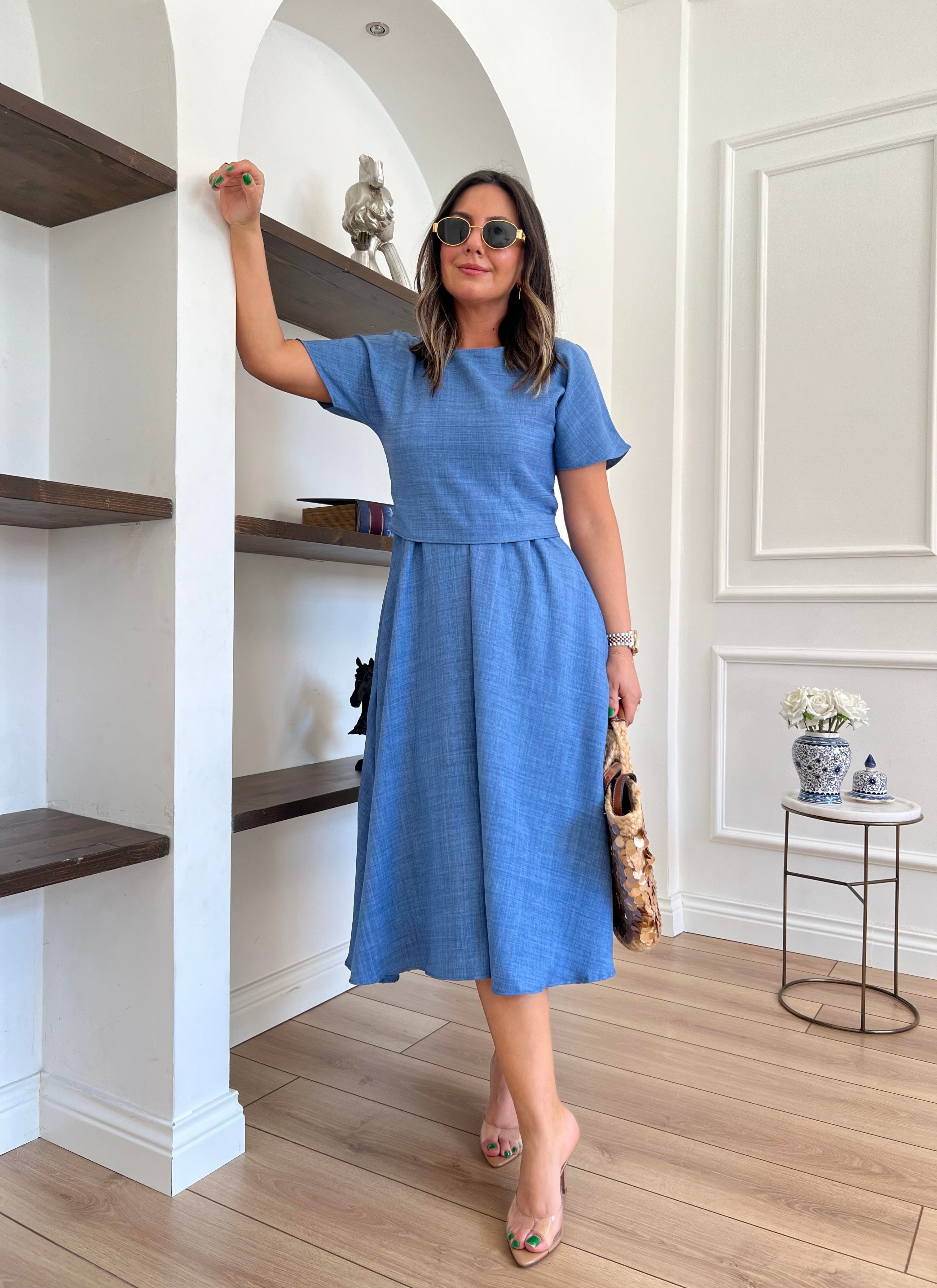 Bluz Detaylı Mavi Kloş Elbise