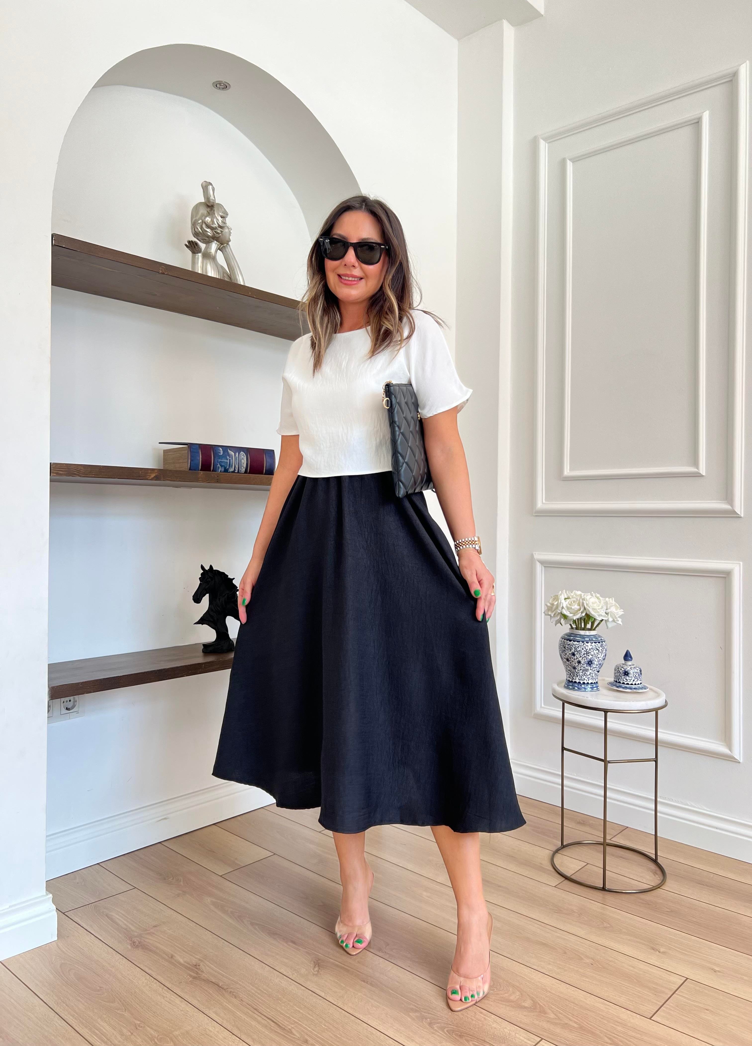 Bluz Detaylı Siyah Kloş Elbise