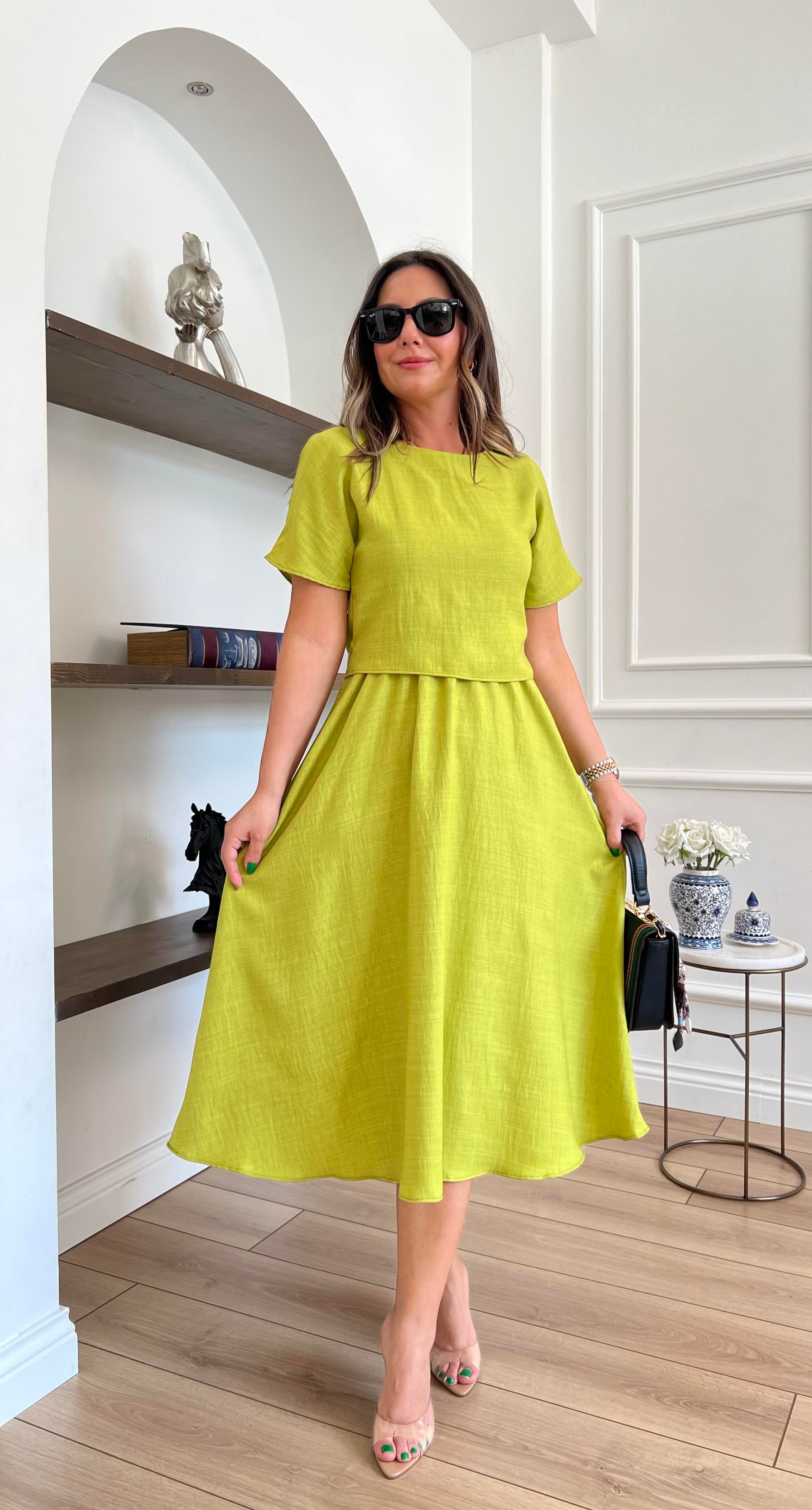 Bluz Detaylı Yeşil Kloş Elbise