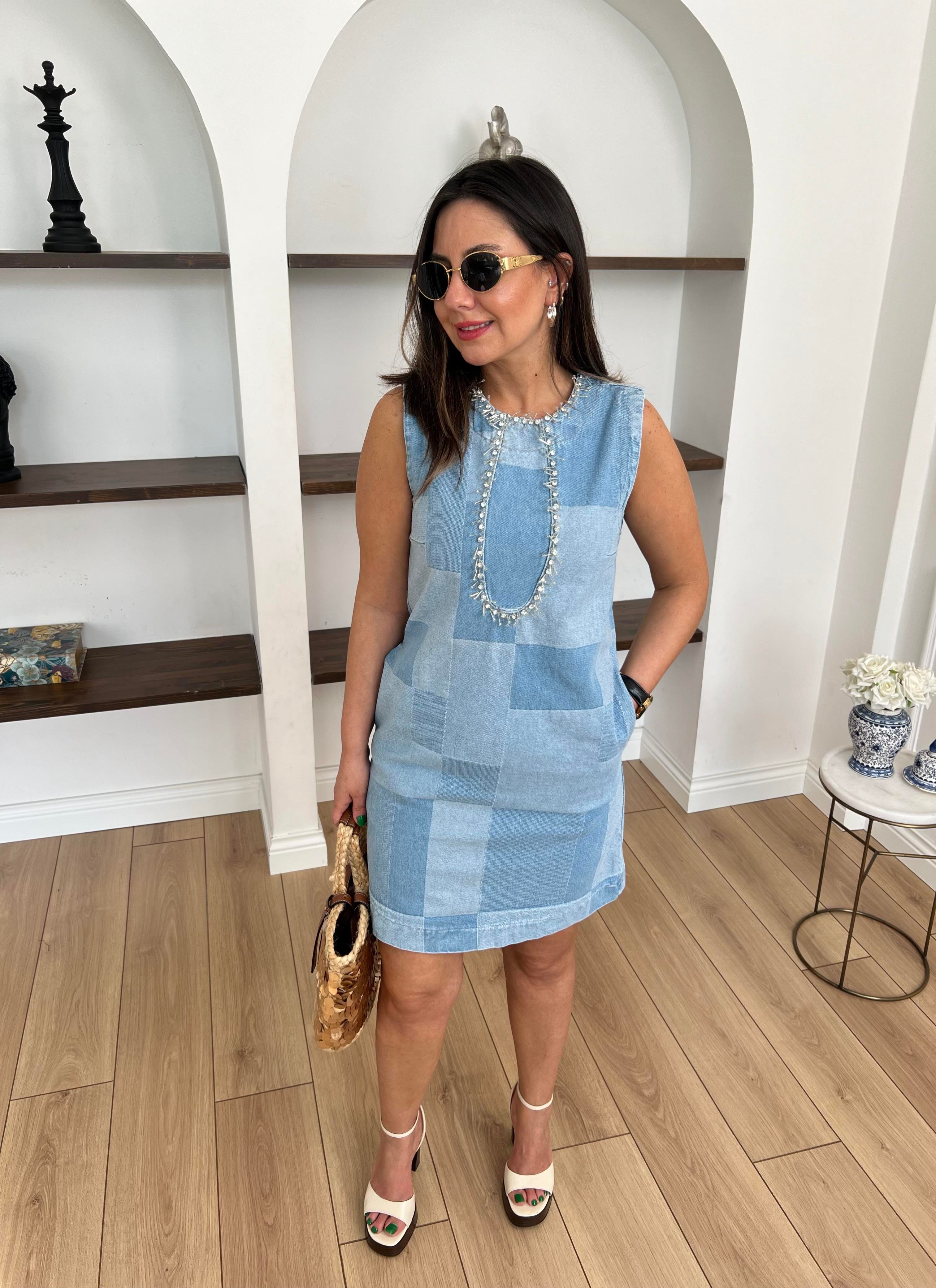 Boncuk İşlemeli Denim Elbise