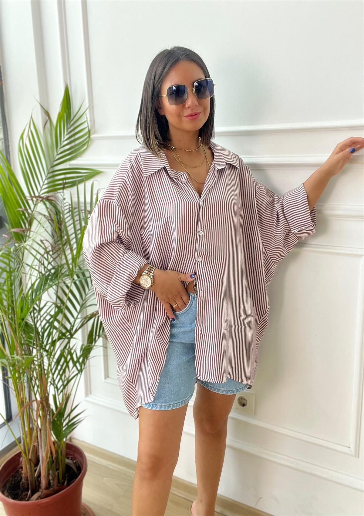 Bordo Çizgili Oversize Gömlek