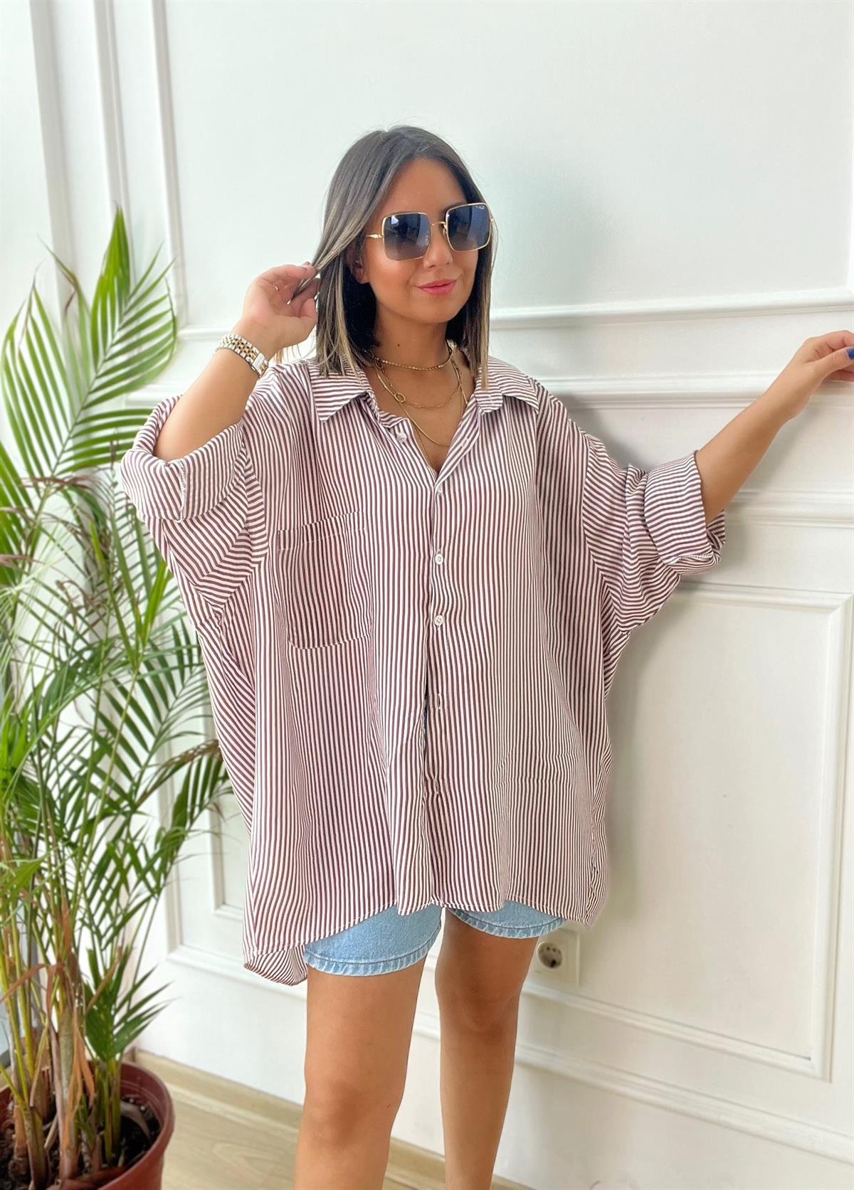 Bordo Çizgili Oversize Gömlek
