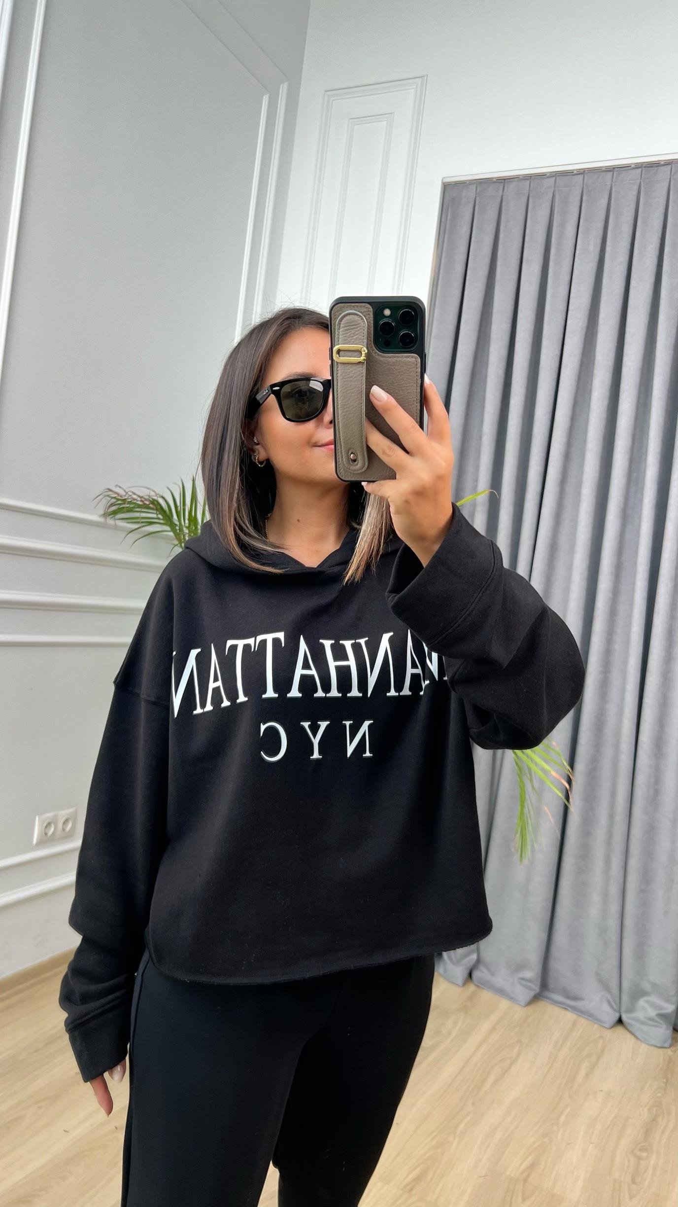 Brooklyn Baskılı Bej Kapişonlu Sweatshırt