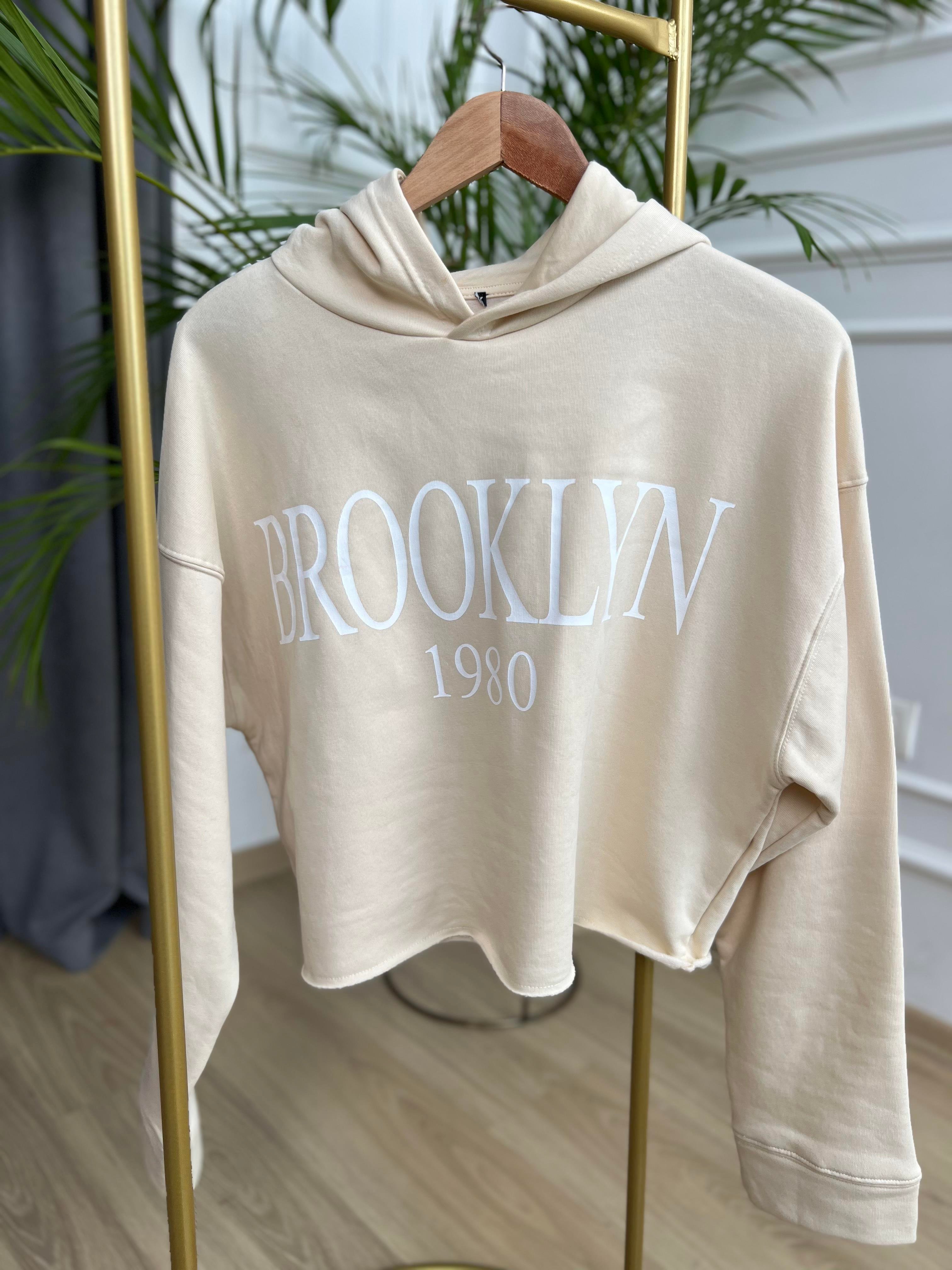 Brooklyn Baskılı Siyah  Kapişonlu Sweatshırt
