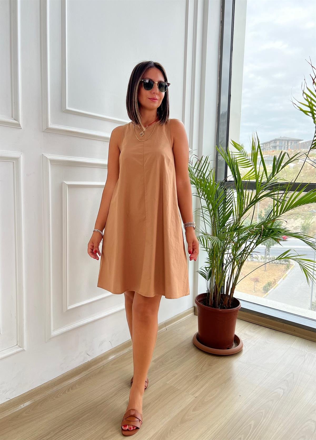 Camel Halter Yaka Poplin Çan Elbise