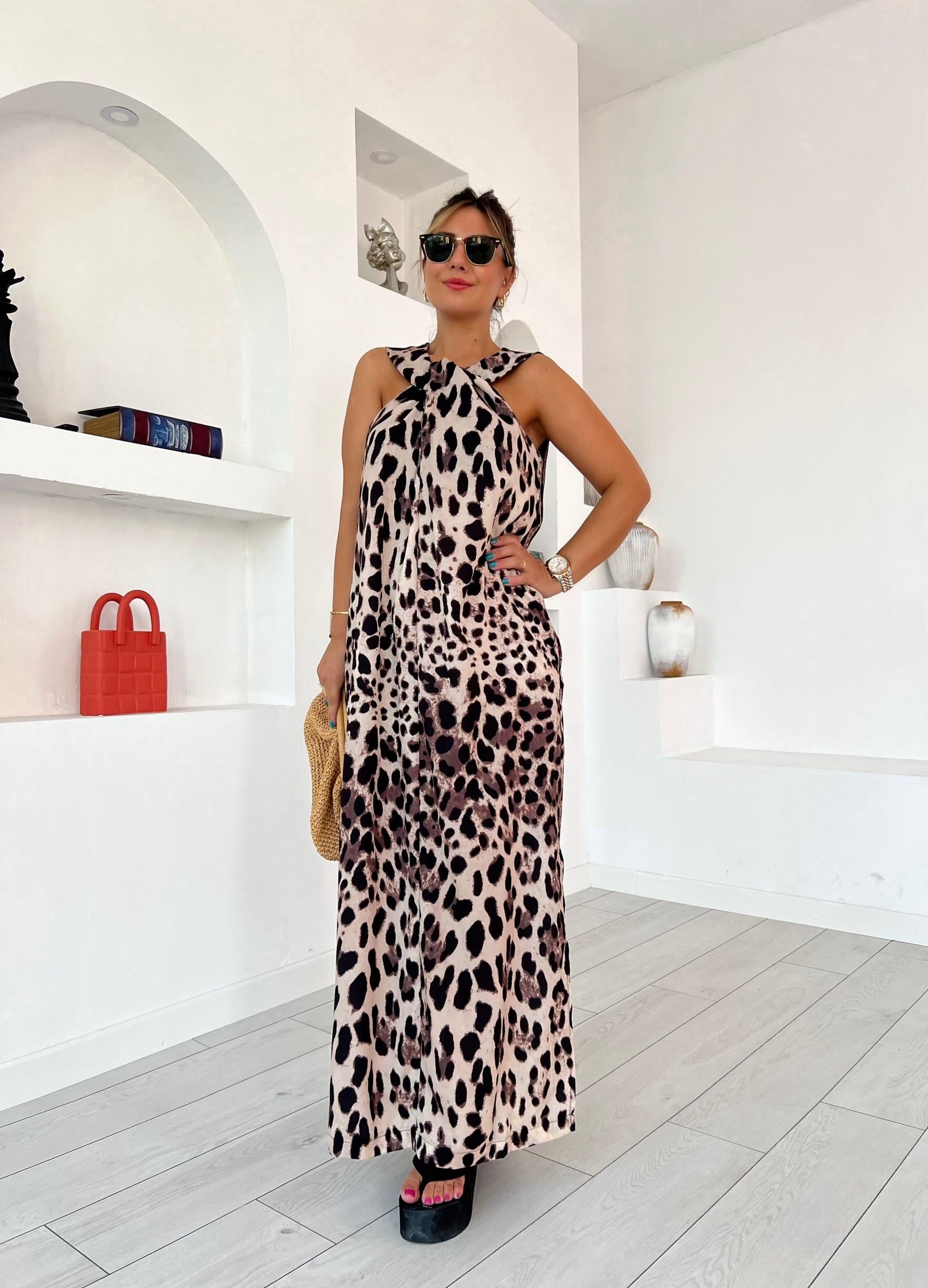 Çapraz Yakalı Leopar Desenli Elbise