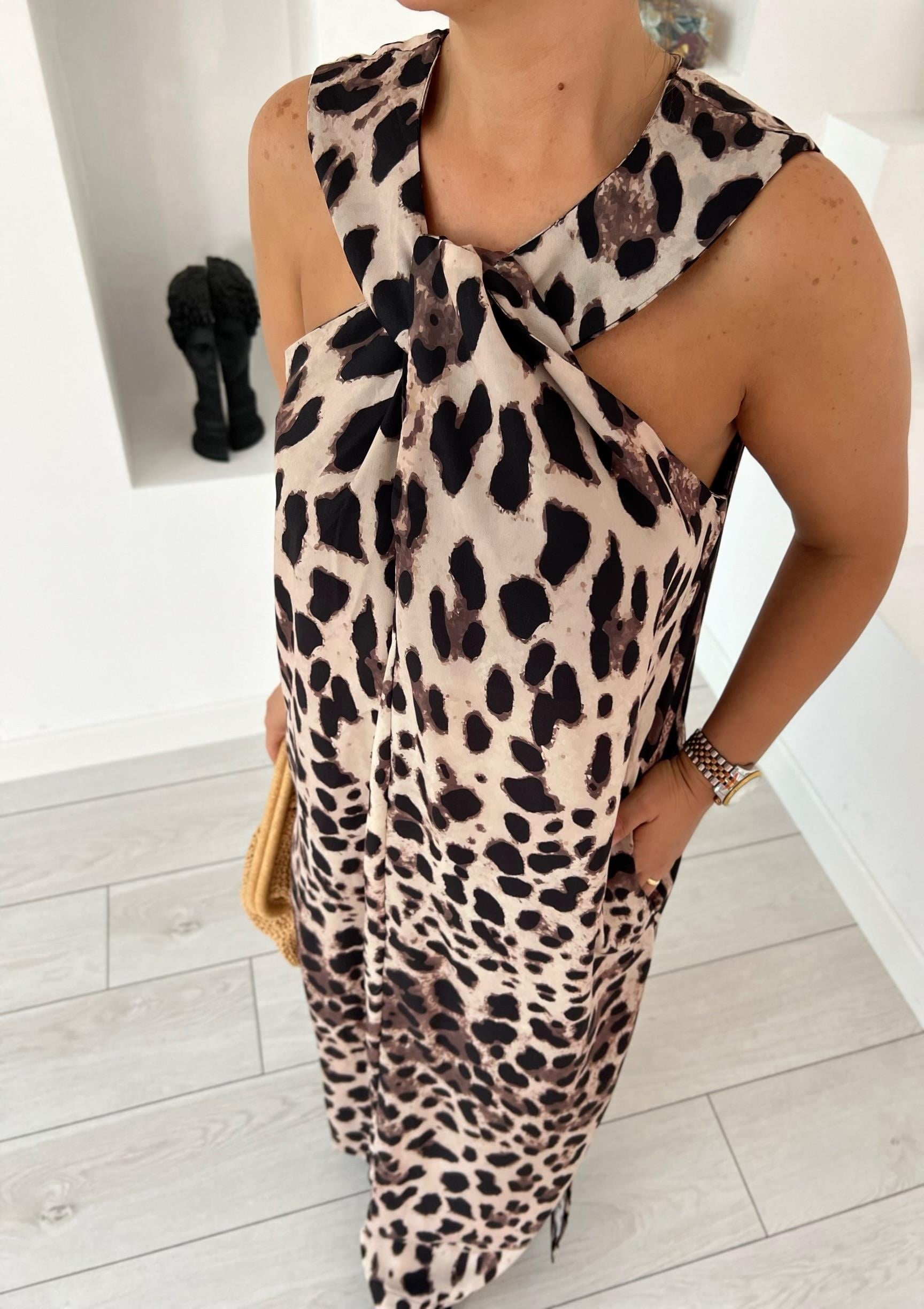 Çapraz Yakalı Leopar Desenli Elbise