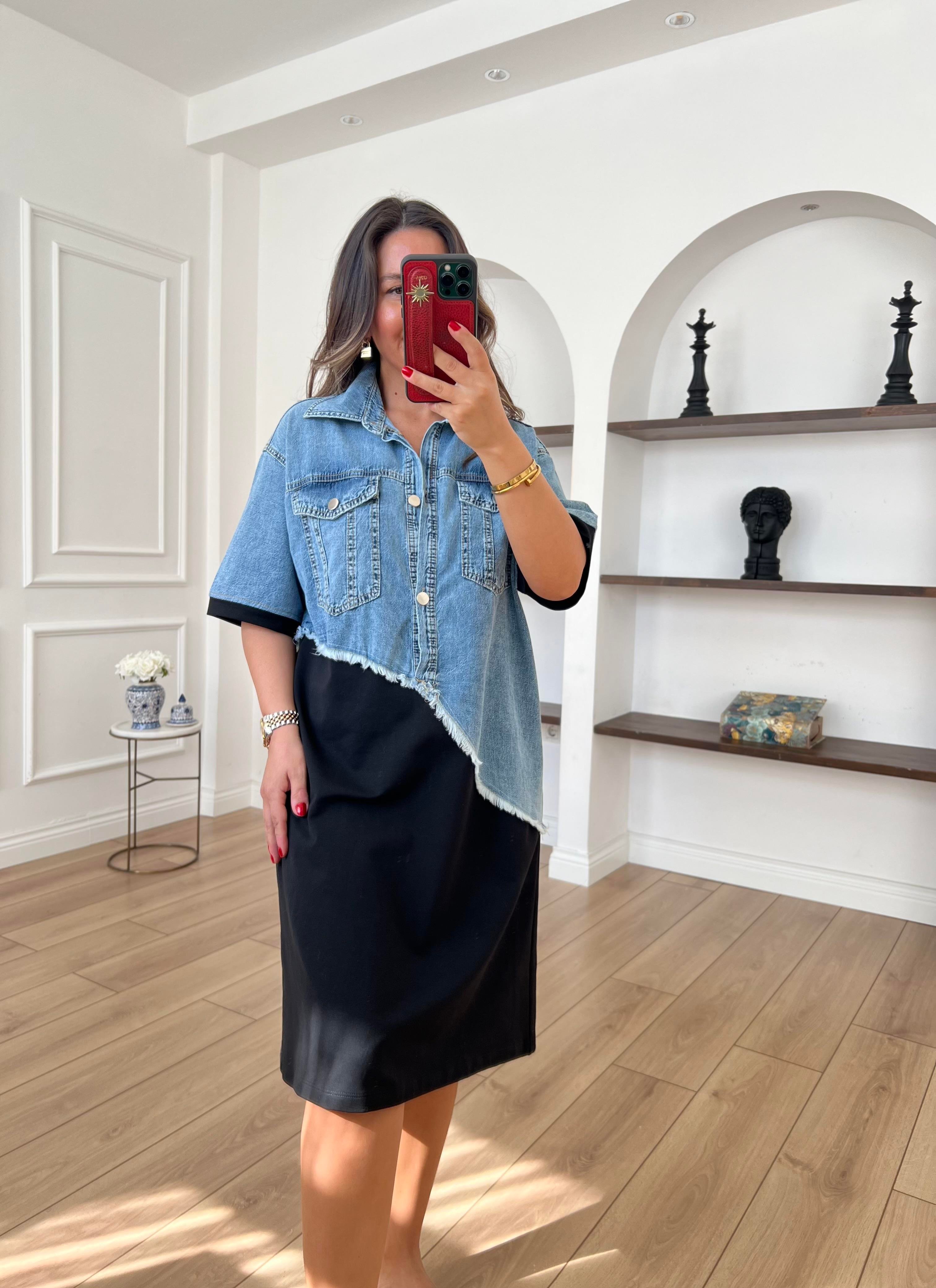 Denim Garnili  Siyah Elbise