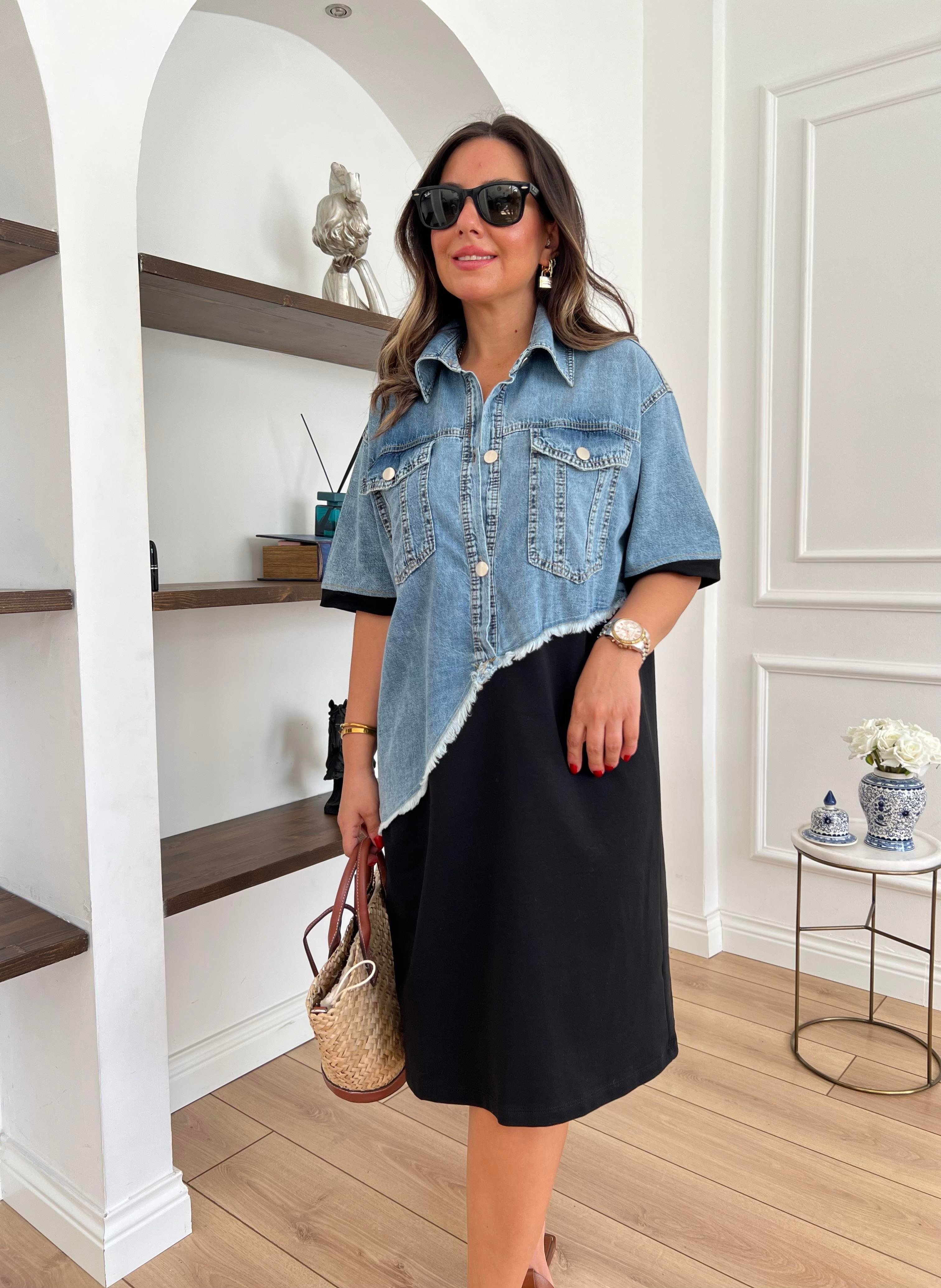 Denim Garnili  Siyah Elbise