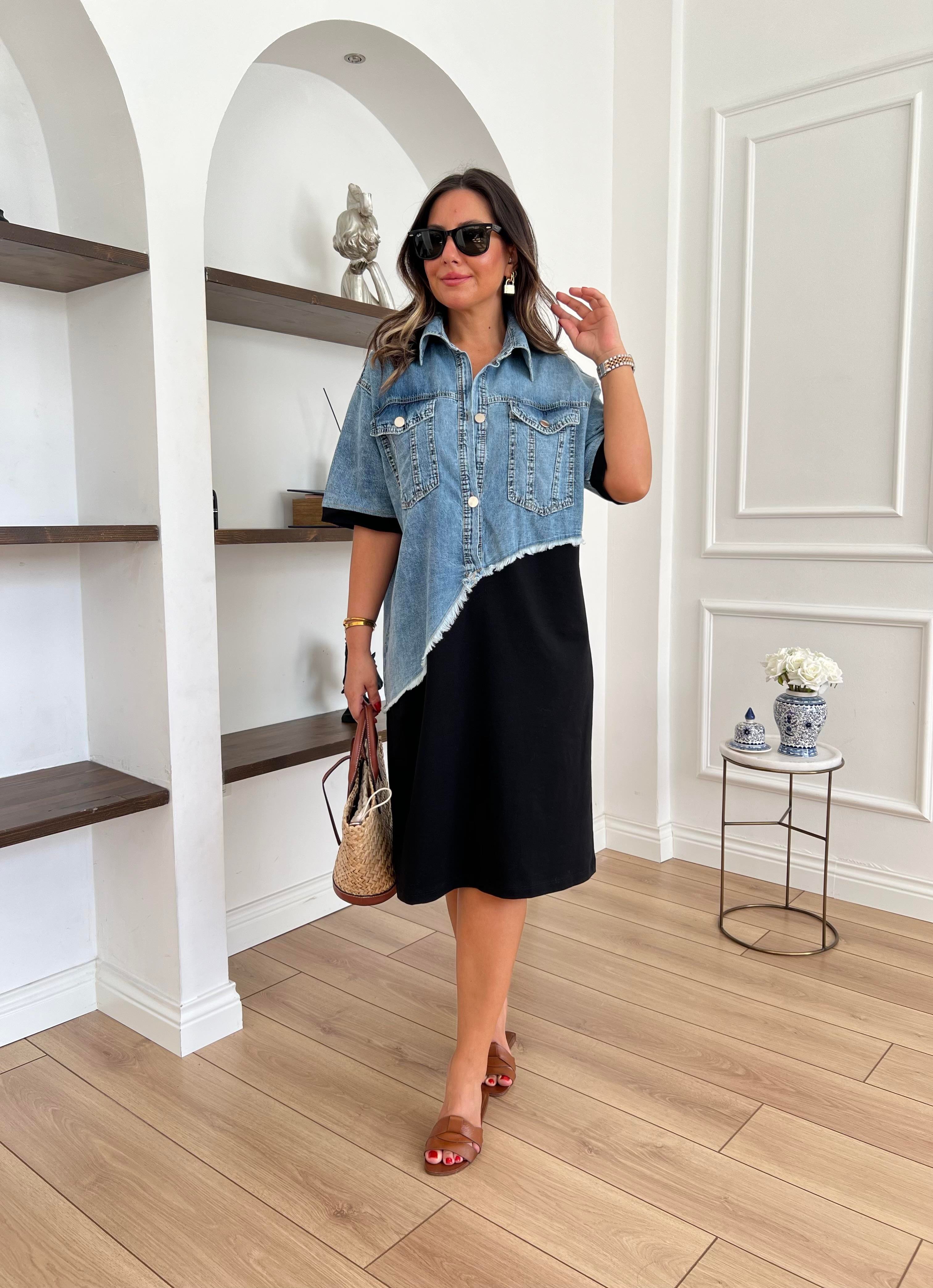 Denim Garnili  Siyah Elbise