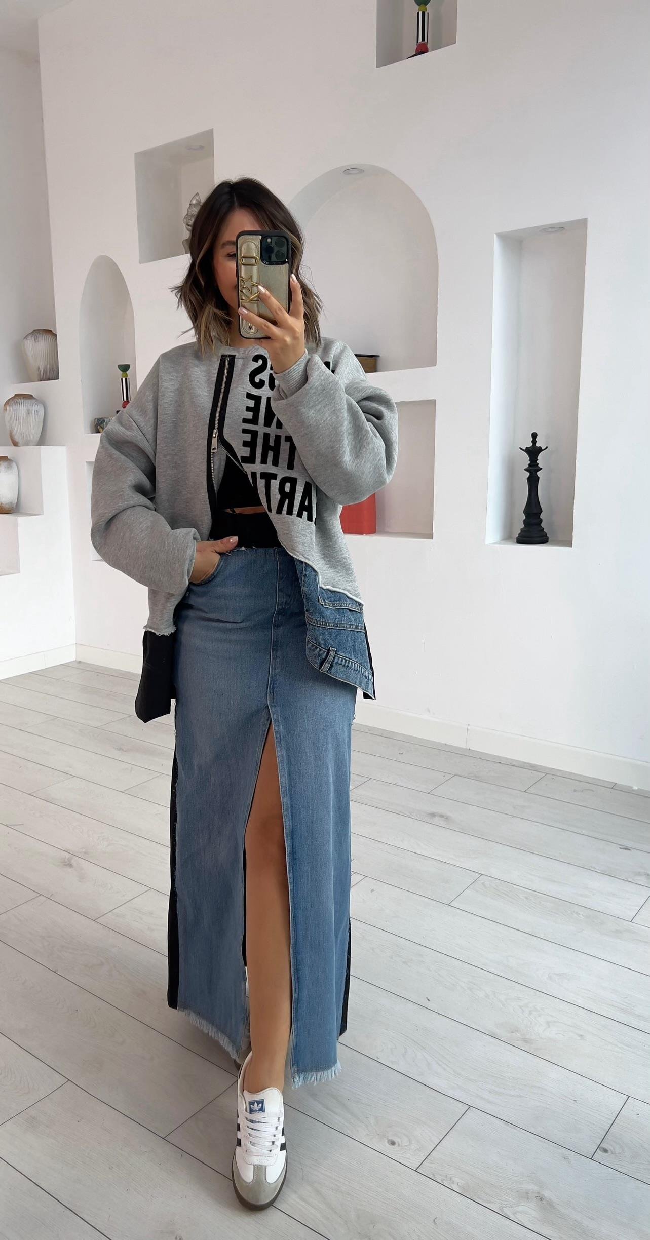 Denim Mix Midi Etek