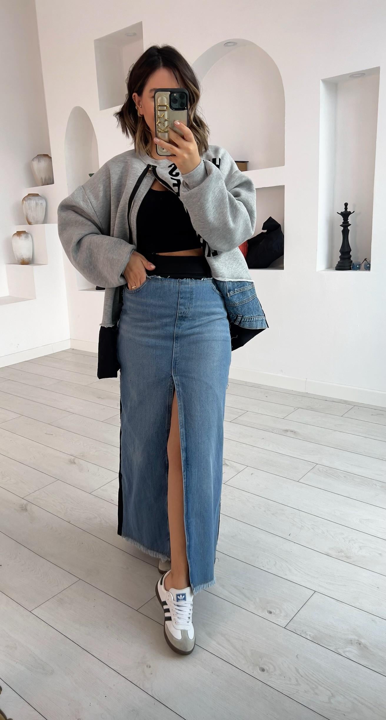 Denim Mix Midi Etek