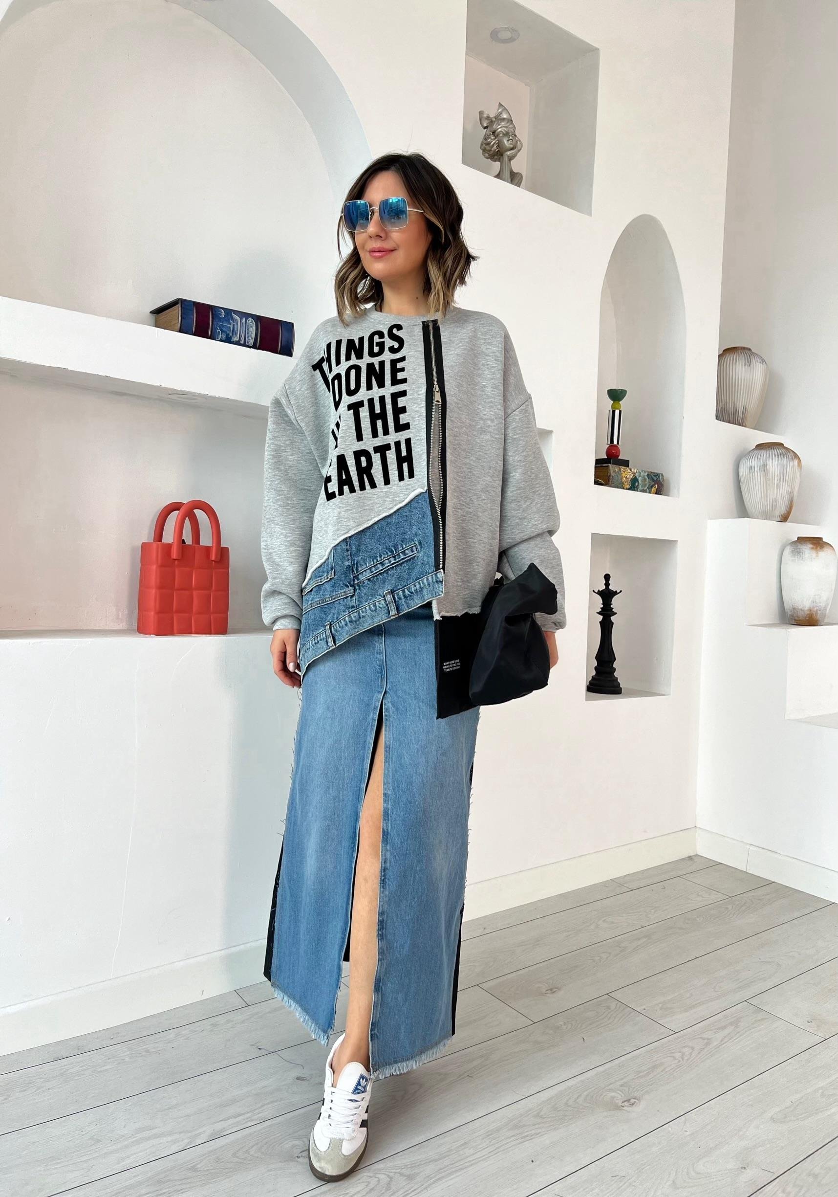 Denim Mix Midi Etek