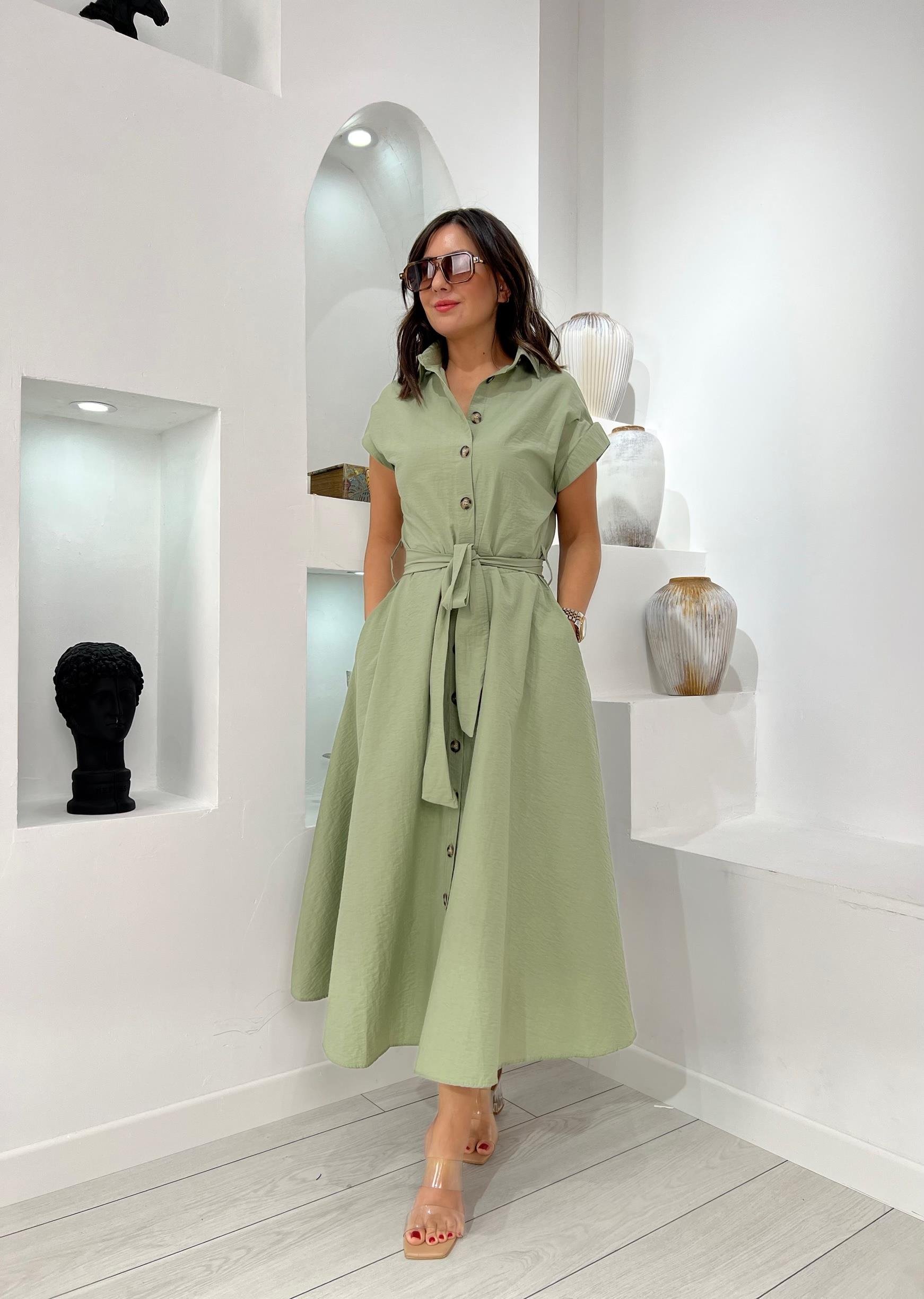Duble Kol Önü Düğmeli Haki Elbise