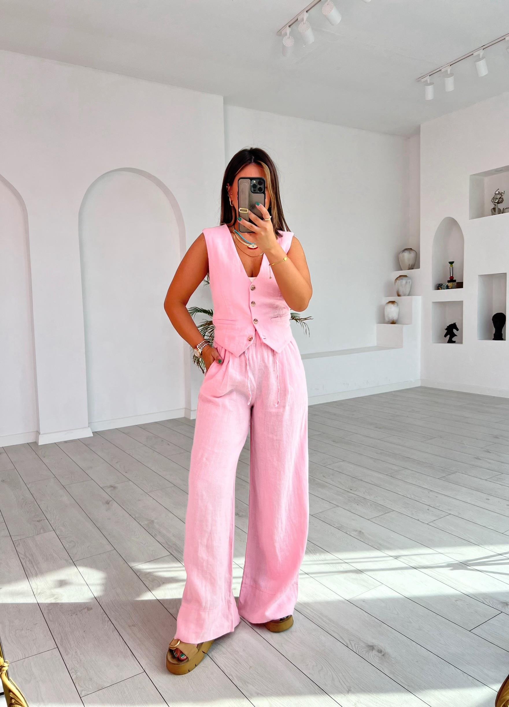 Duble Paça Beli Lastikli Pembe Keten Pantolon