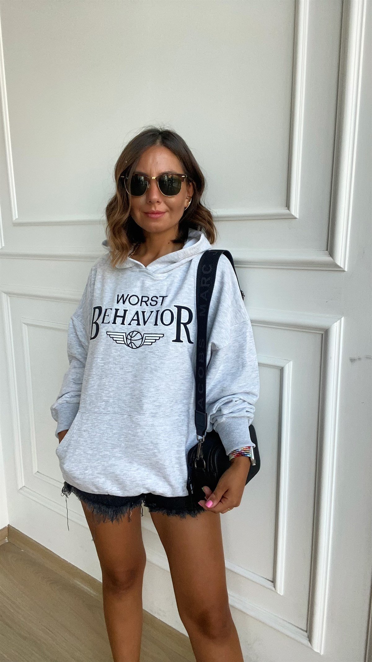 Gri Önden Cebli Kapsonlu Sweatshirt