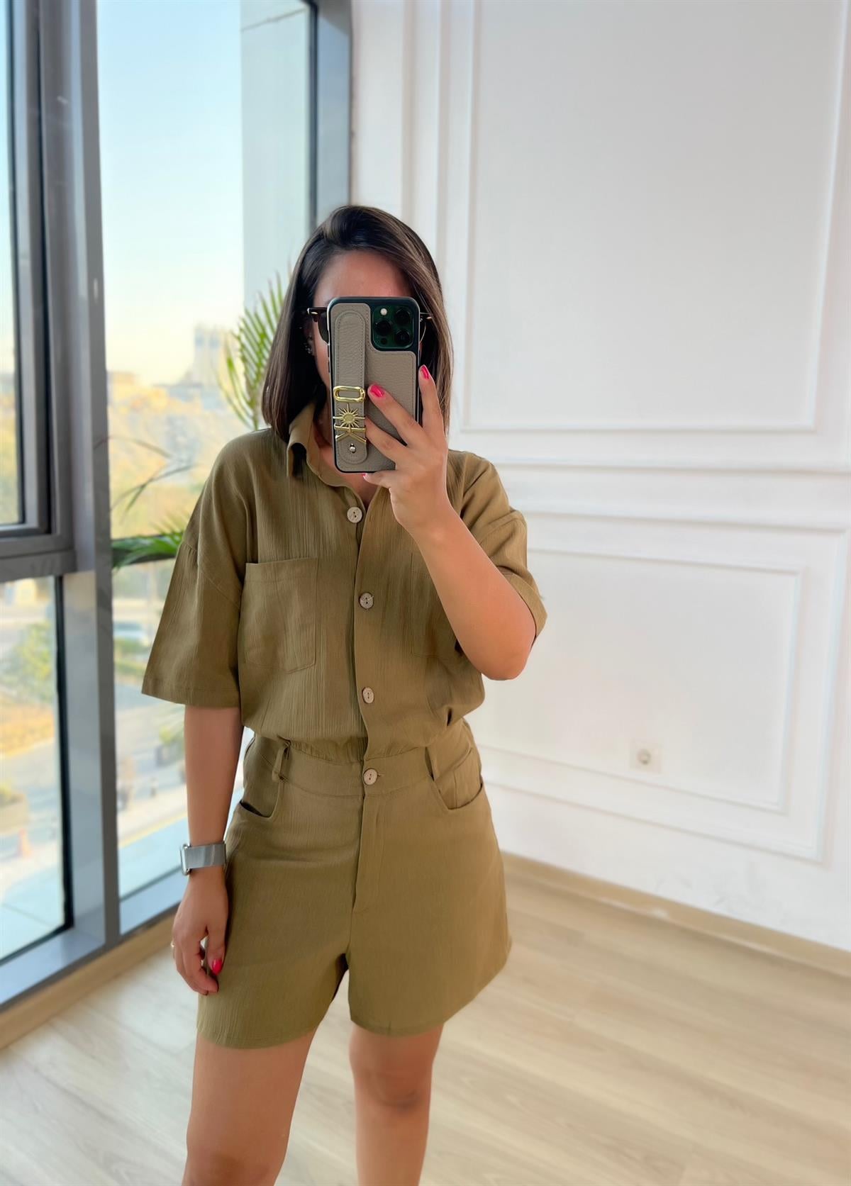 Haki Önü Düğmeli Keten Tulum
