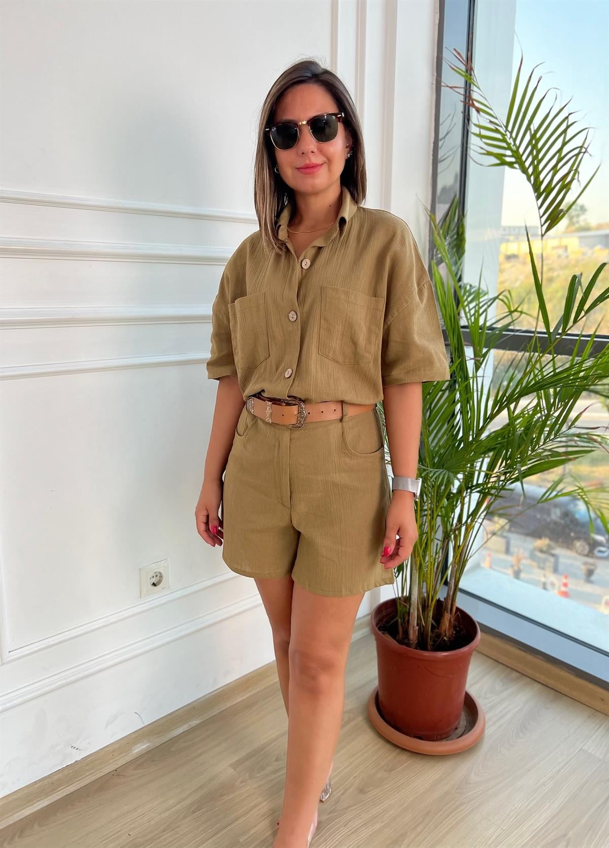 Haki Önü Düğmeli Keten Tulum