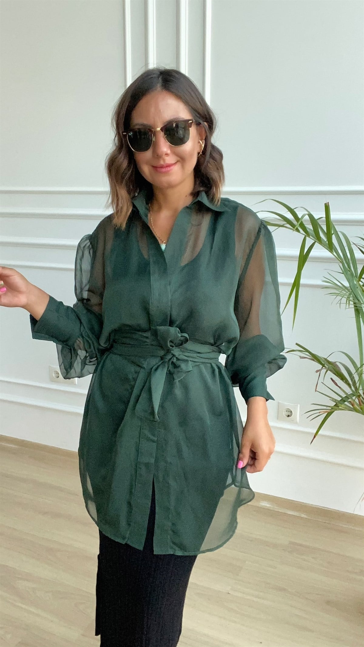 Haki Yeşil Sifon Gömlek