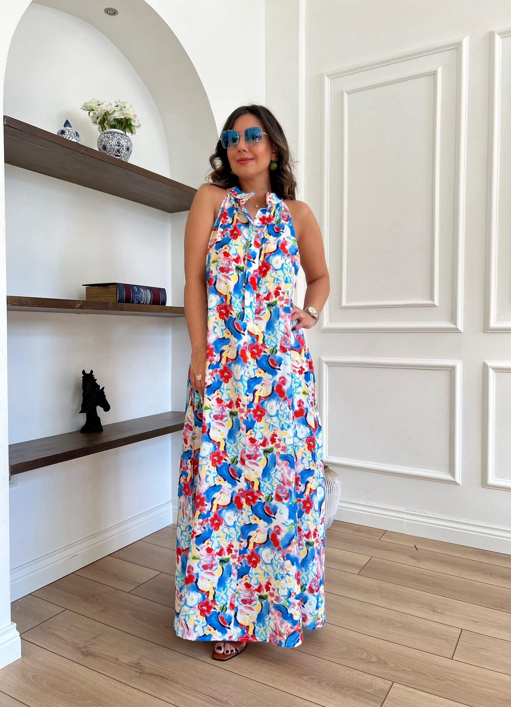 Halter Yaka Çiçekli Elbise