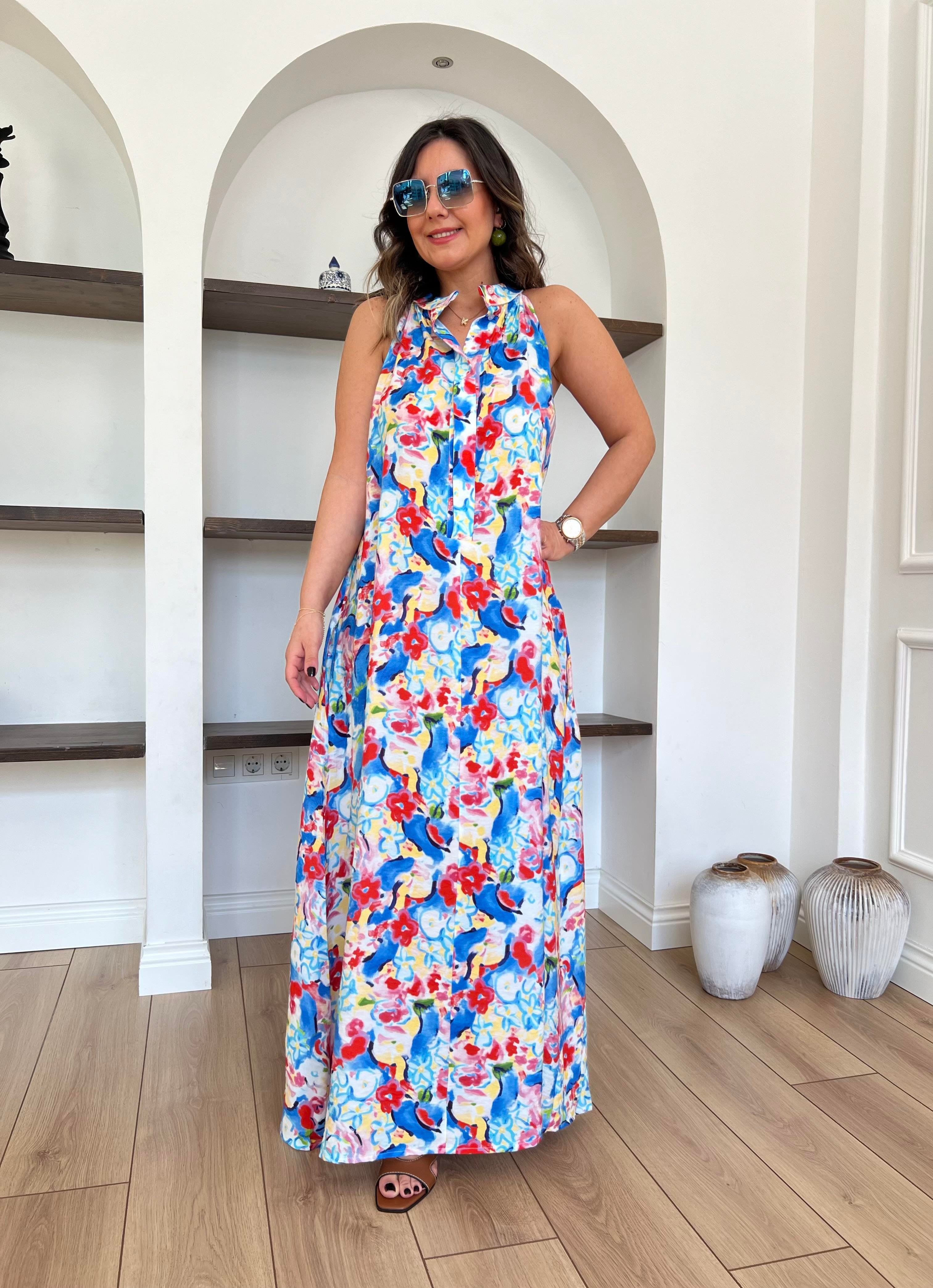 Halter Yaka Çiçekli Elbise