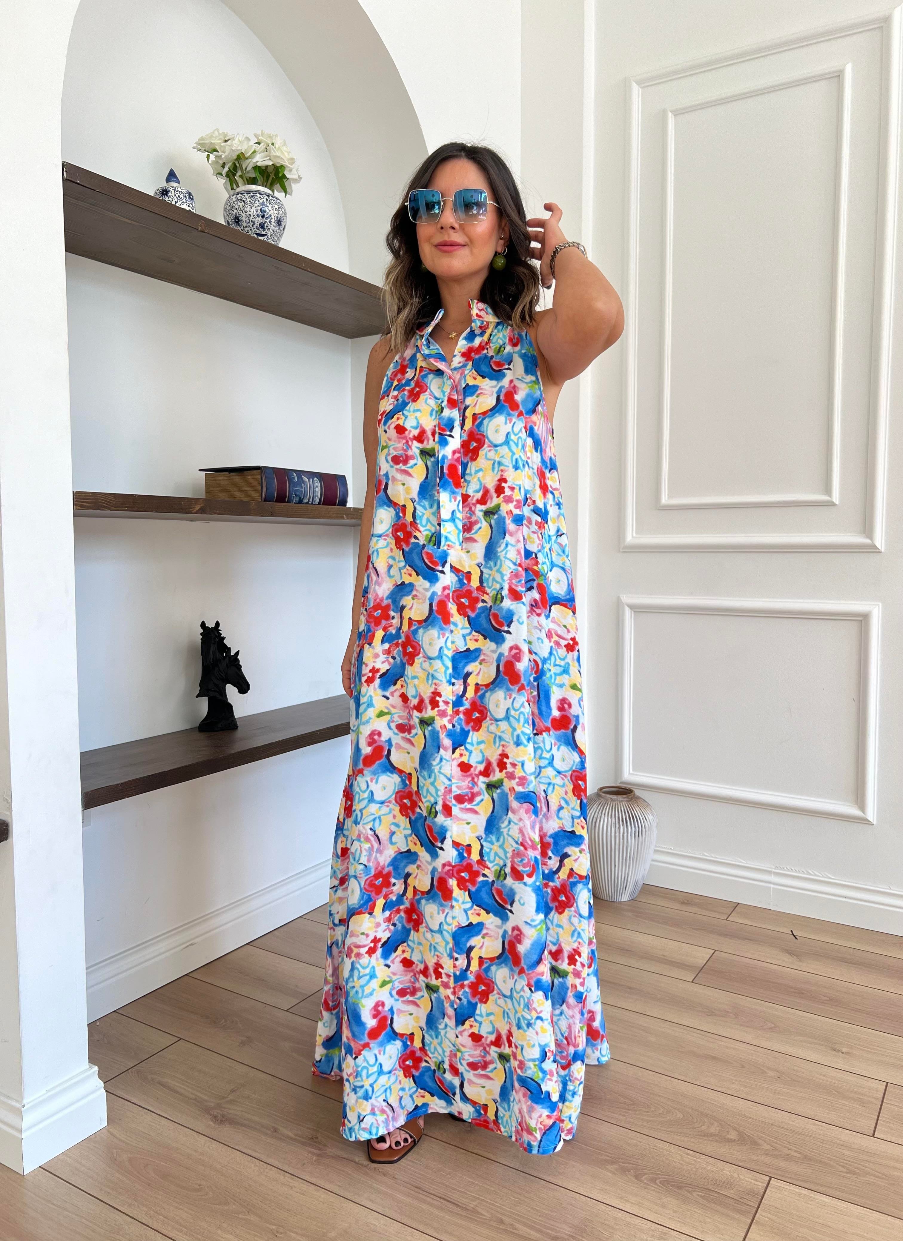 Halter Yaka Çiçekli Elbise