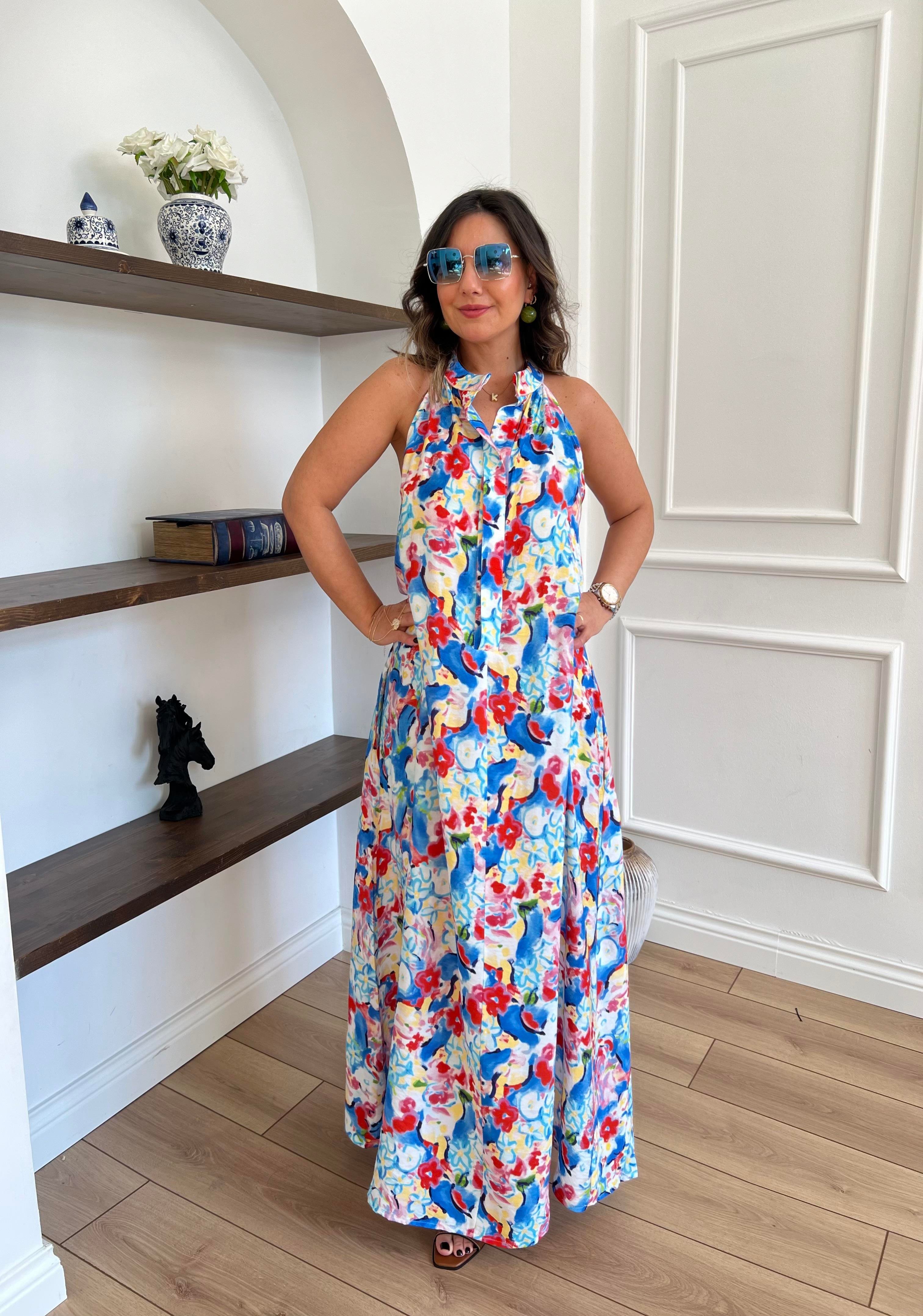 Halter Yaka Çiçekli Elbise