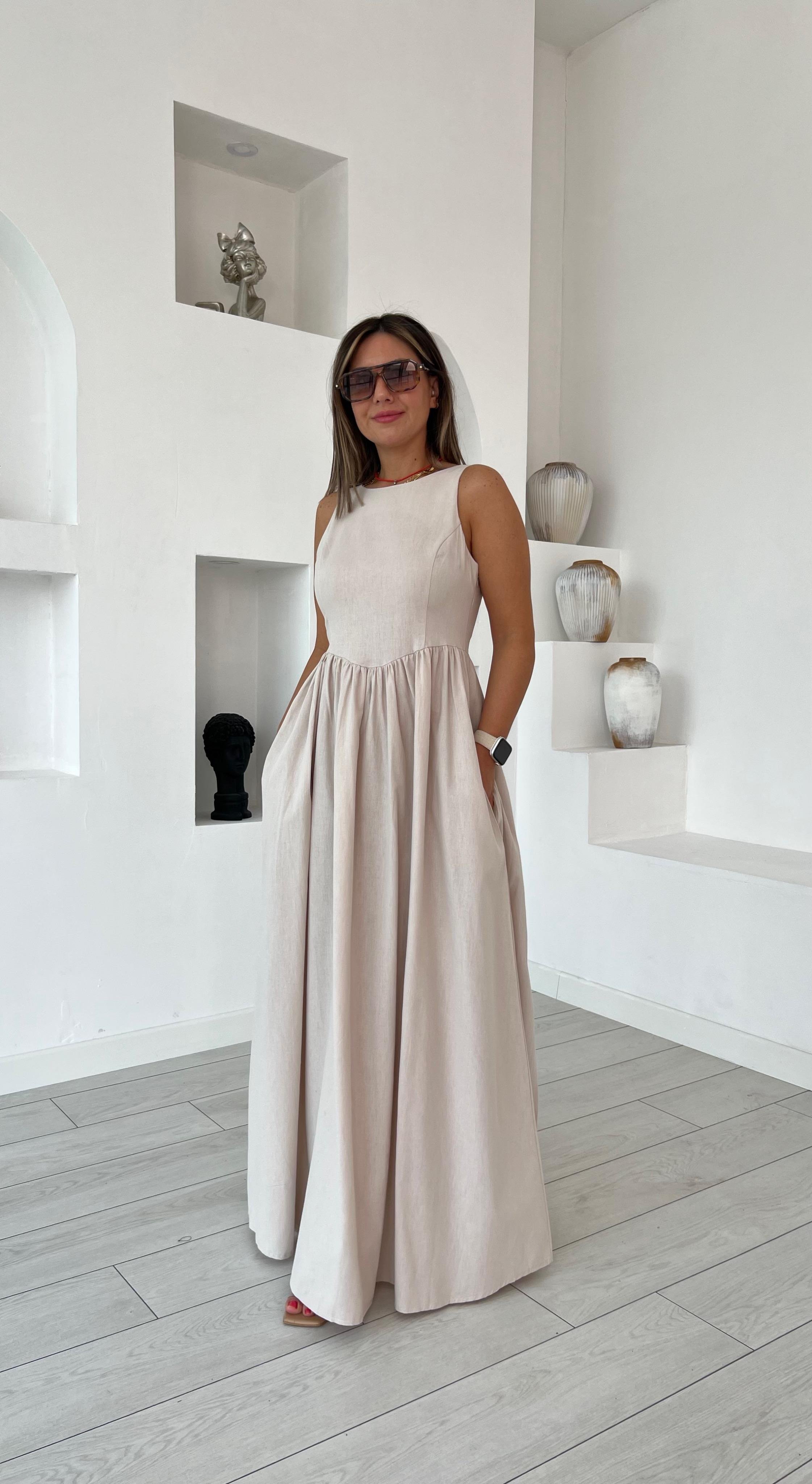 Halter Yaka Keten Bej Elbise 